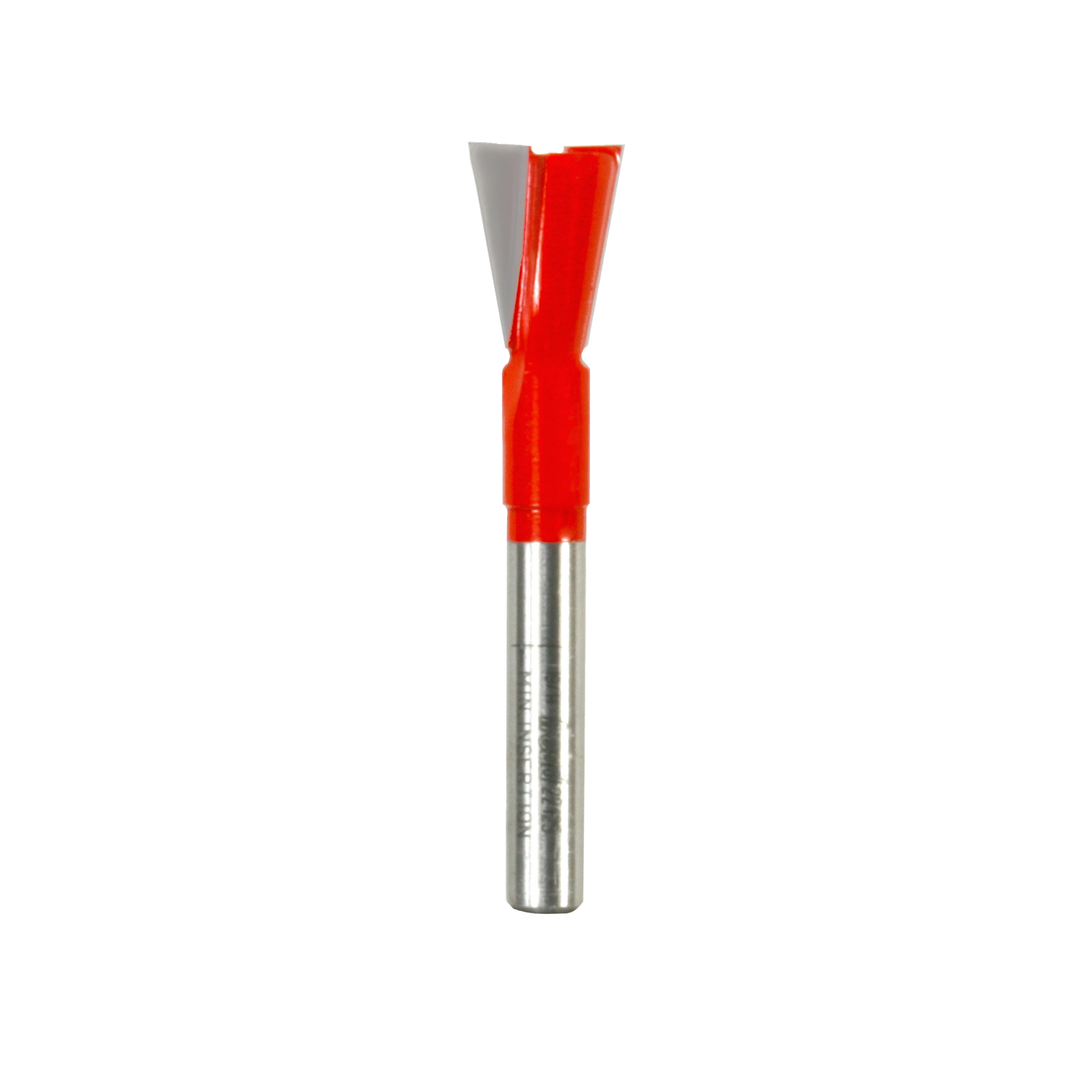 Dovetail router bit with red cutting head and silver metal shaft for woodworking joints.