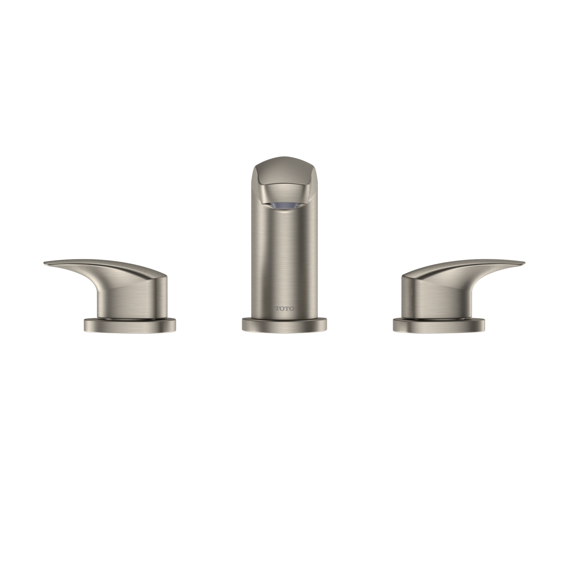 Brushed nickel two-handle widespread bathroom sink faucet with cylindrical spout and curved lever handles.