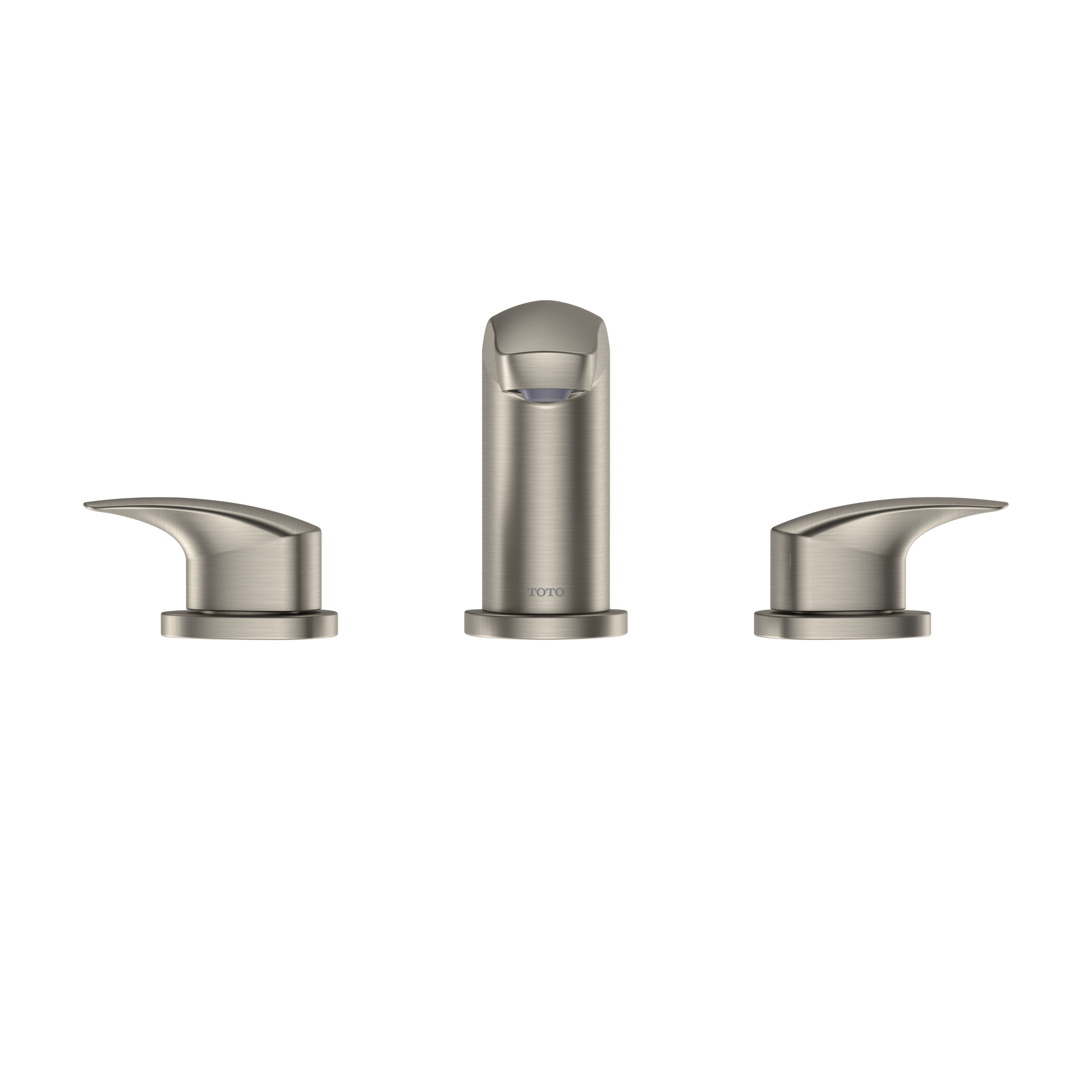 Brushed nickel two-handle widespread bathroom sink faucet with cylindrical spout and curved lever handles.