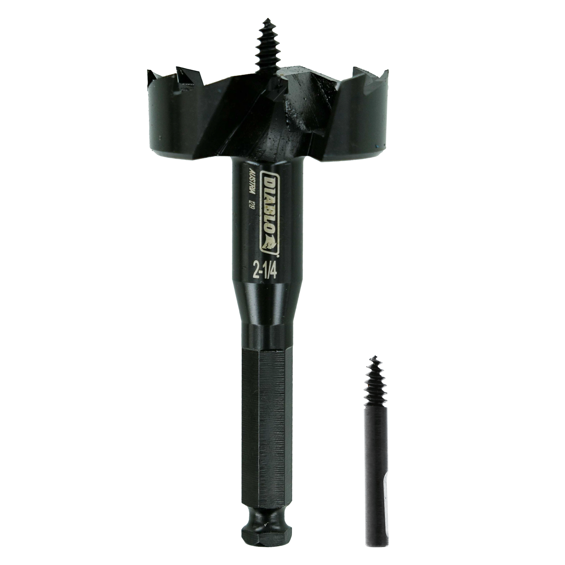 Black self-feed drill bit with 2-1/4 inch diameter, featuring four cutting spurs and center screw point, shown with smaller p