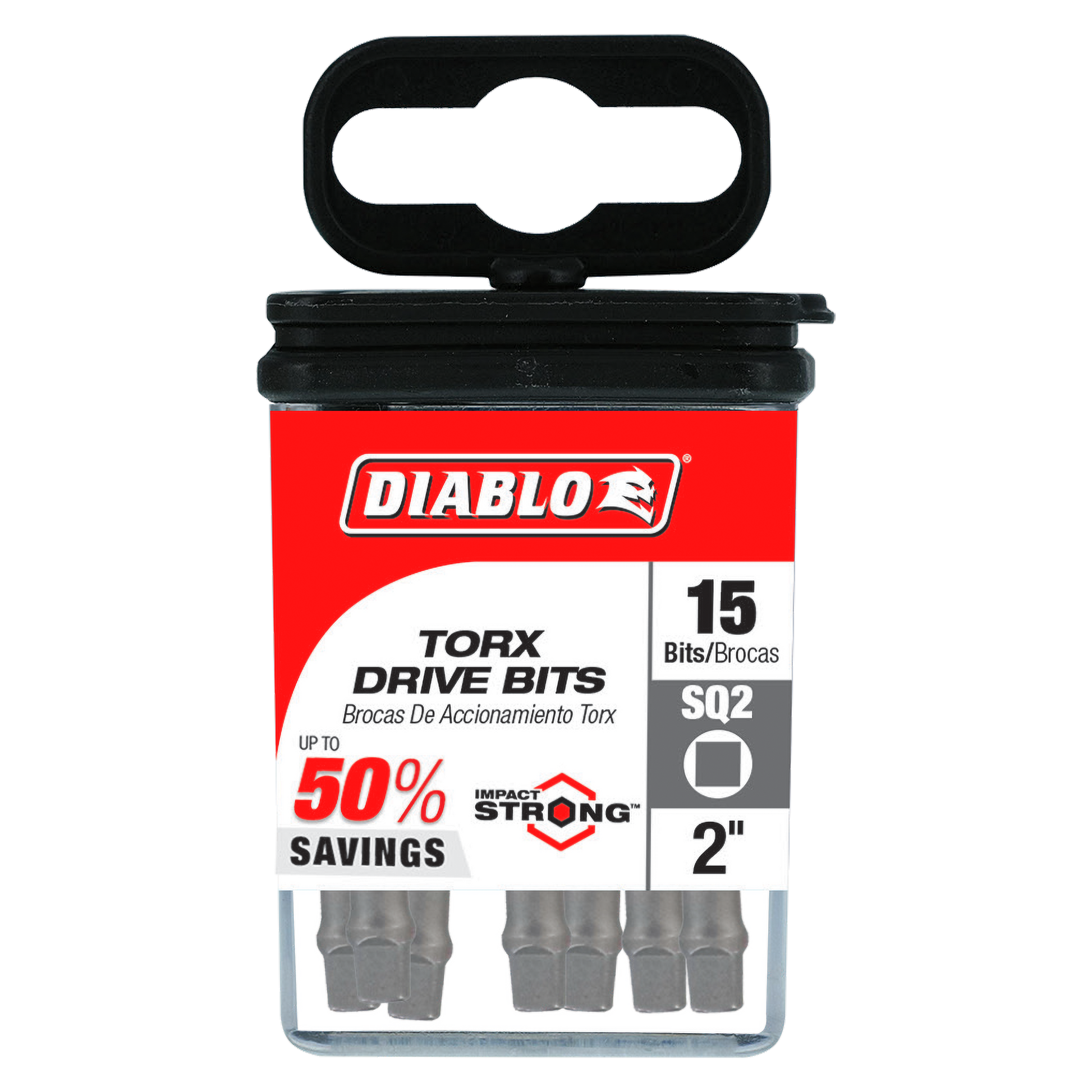 Pack of 15 Diablo square drive bits in SQ2 size, 2 inches long, with black handle and red packaging.