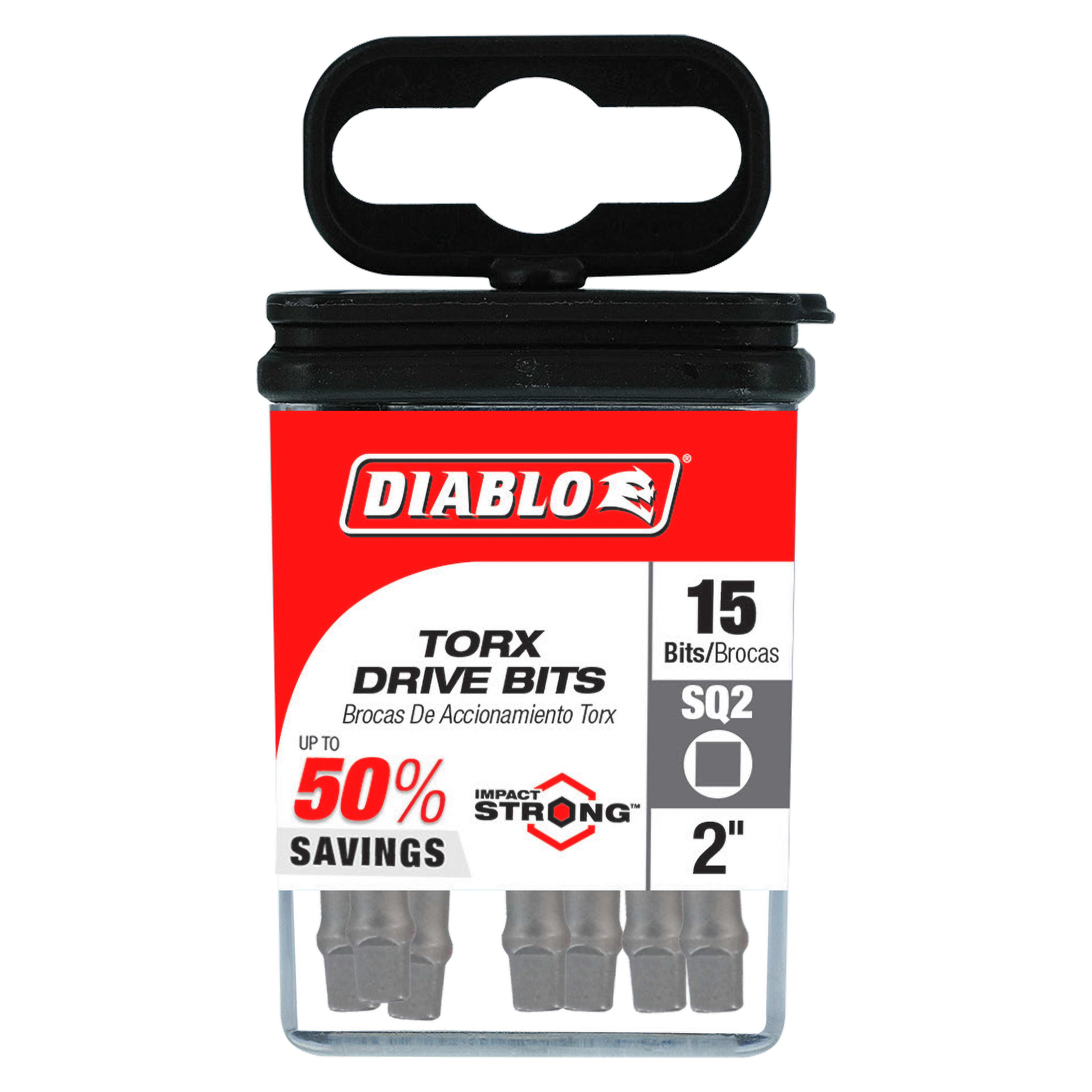 Pack of 15 Diablo square drive bits in SQ2 size, 2 inches long, with black handle and red packaging.