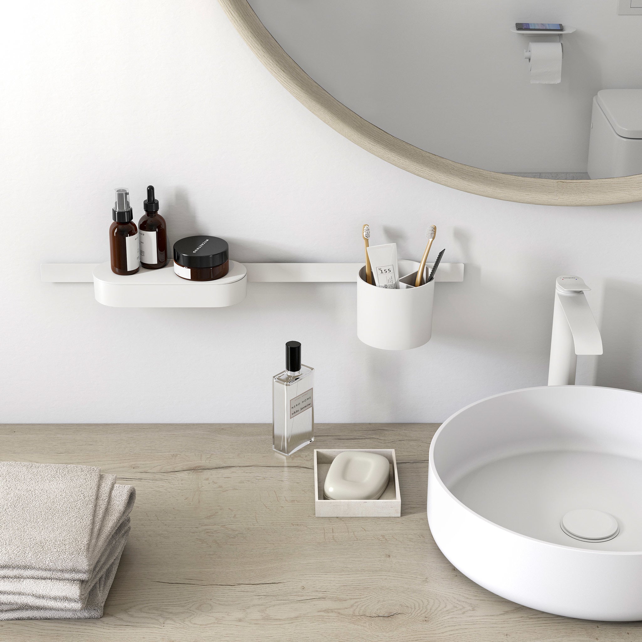 Matte white wall-mounted storage basket with cover displayed in bathroom setting above sink.