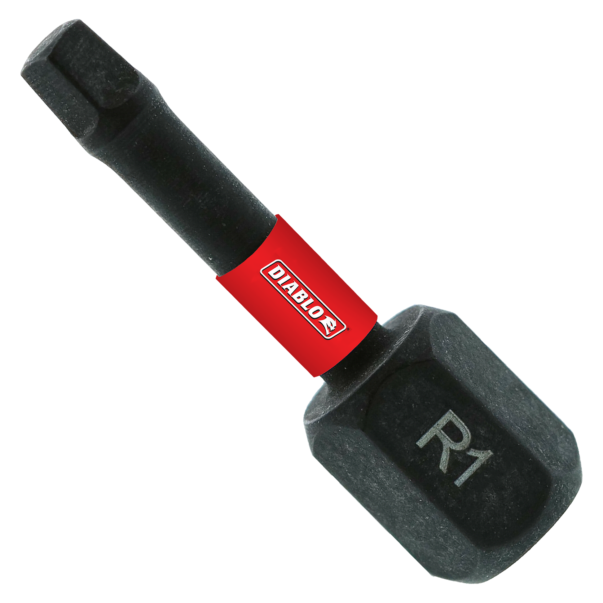 Black square drive bit with red Diablo band and R1 marking on socket, 1 inch length.