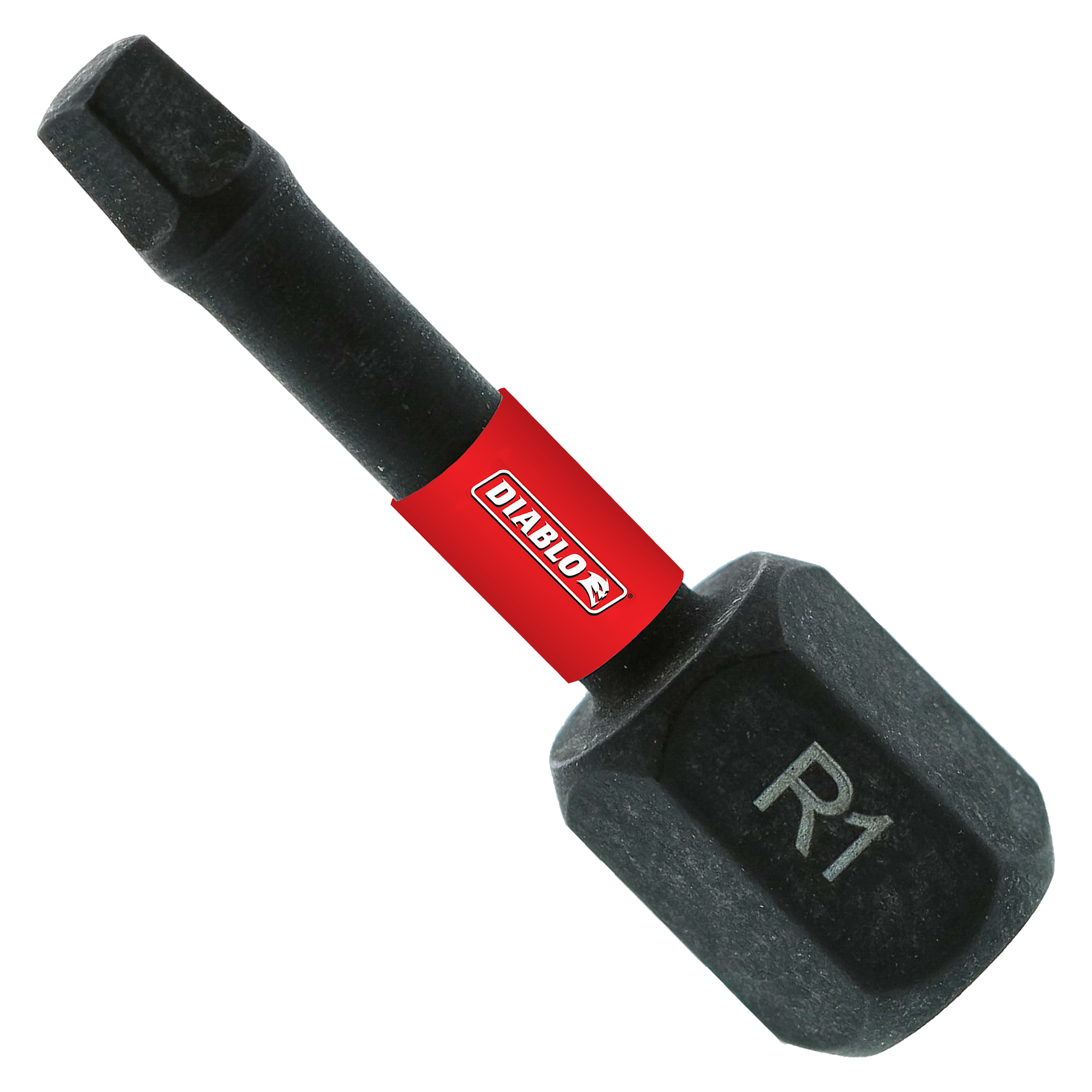 Black square drive bit with red Diablo band and R1 marking on socket, 1 inch length.