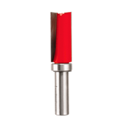 Flush trim router bit with red cutting head, silver metal shank, and top-mounted bearing guide.