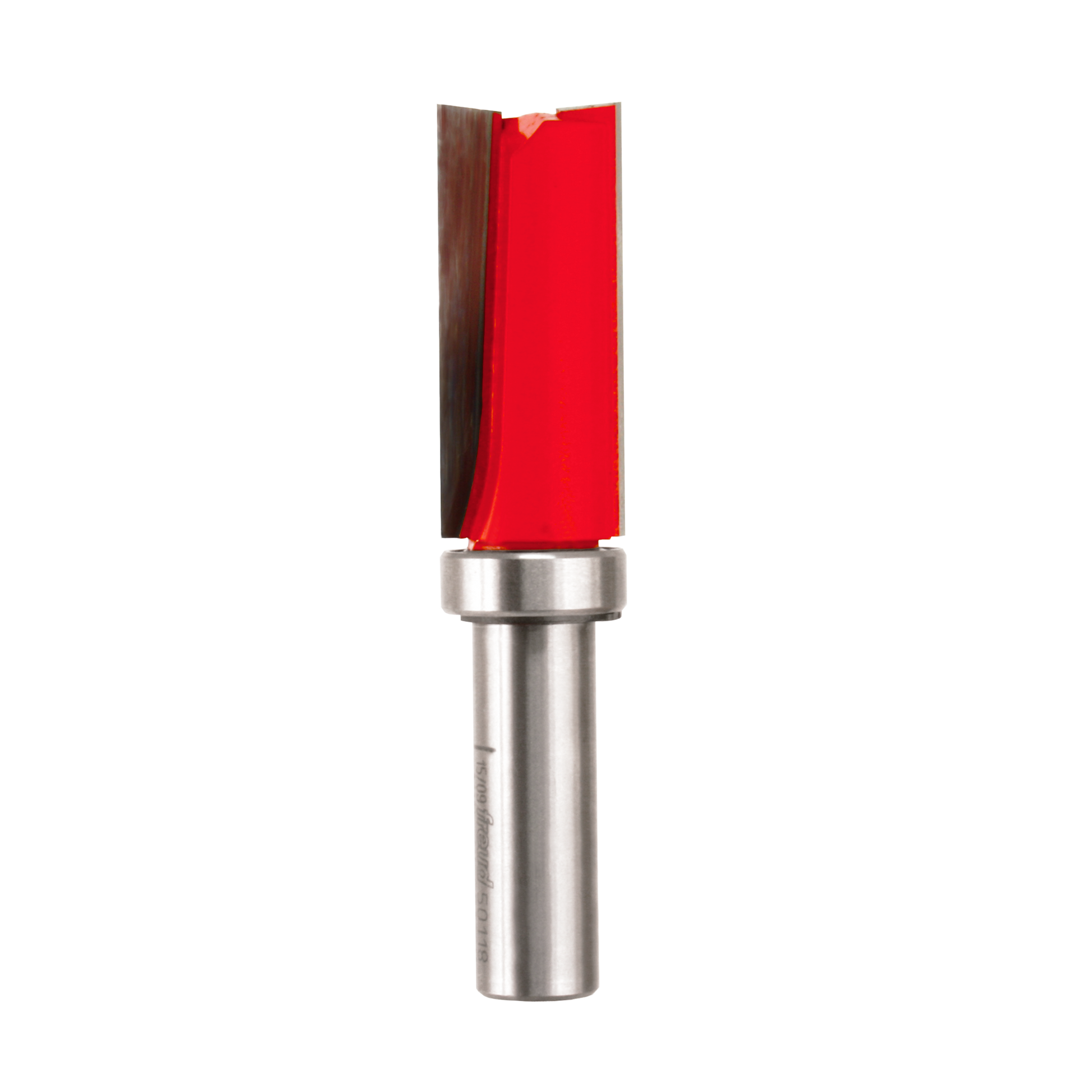 Flush trim router bit with red cutting head, silver metal shank, and top-mounted bearing guide.