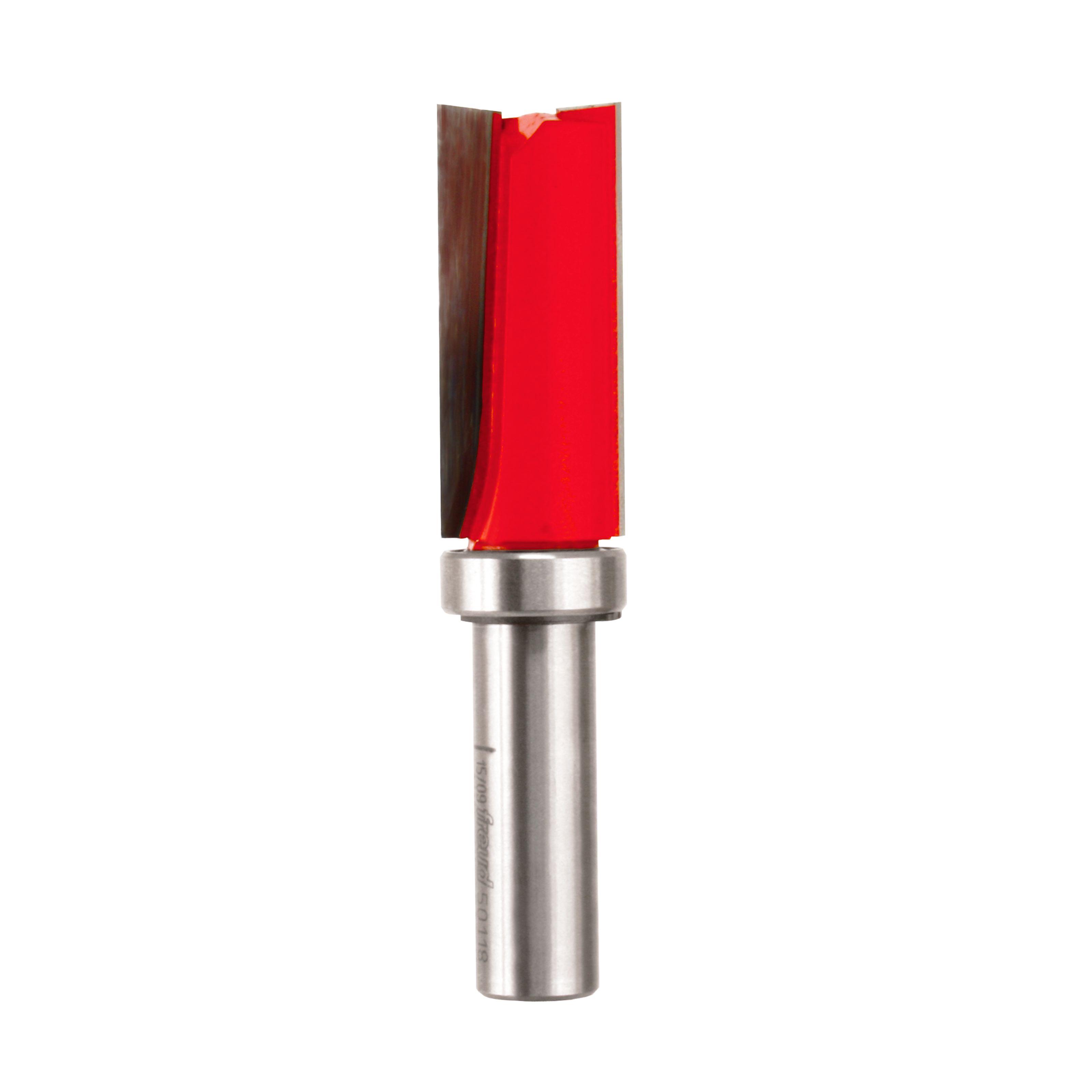 Flush trim router bit with red cutting head, silver metal shank, and top-mounted bearing guide.
