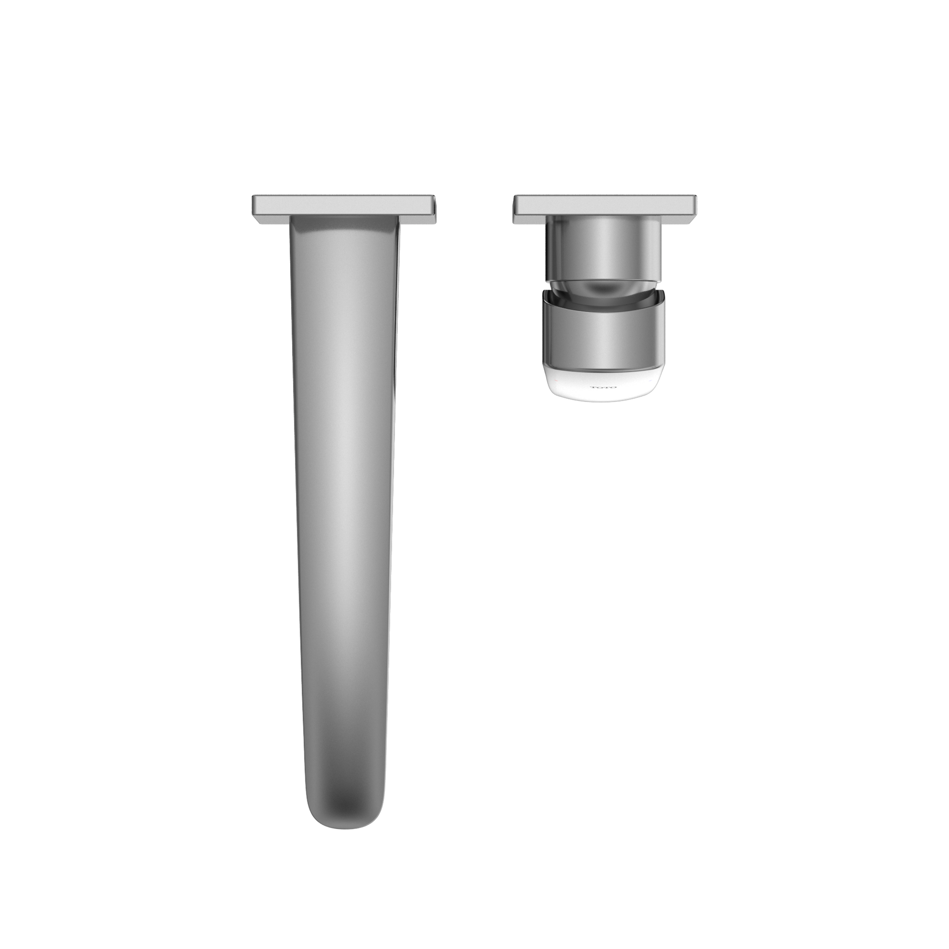 Polished chrome wall-mount bathroom faucet with single handle and long cylindrical spout, shown with front and detail views.