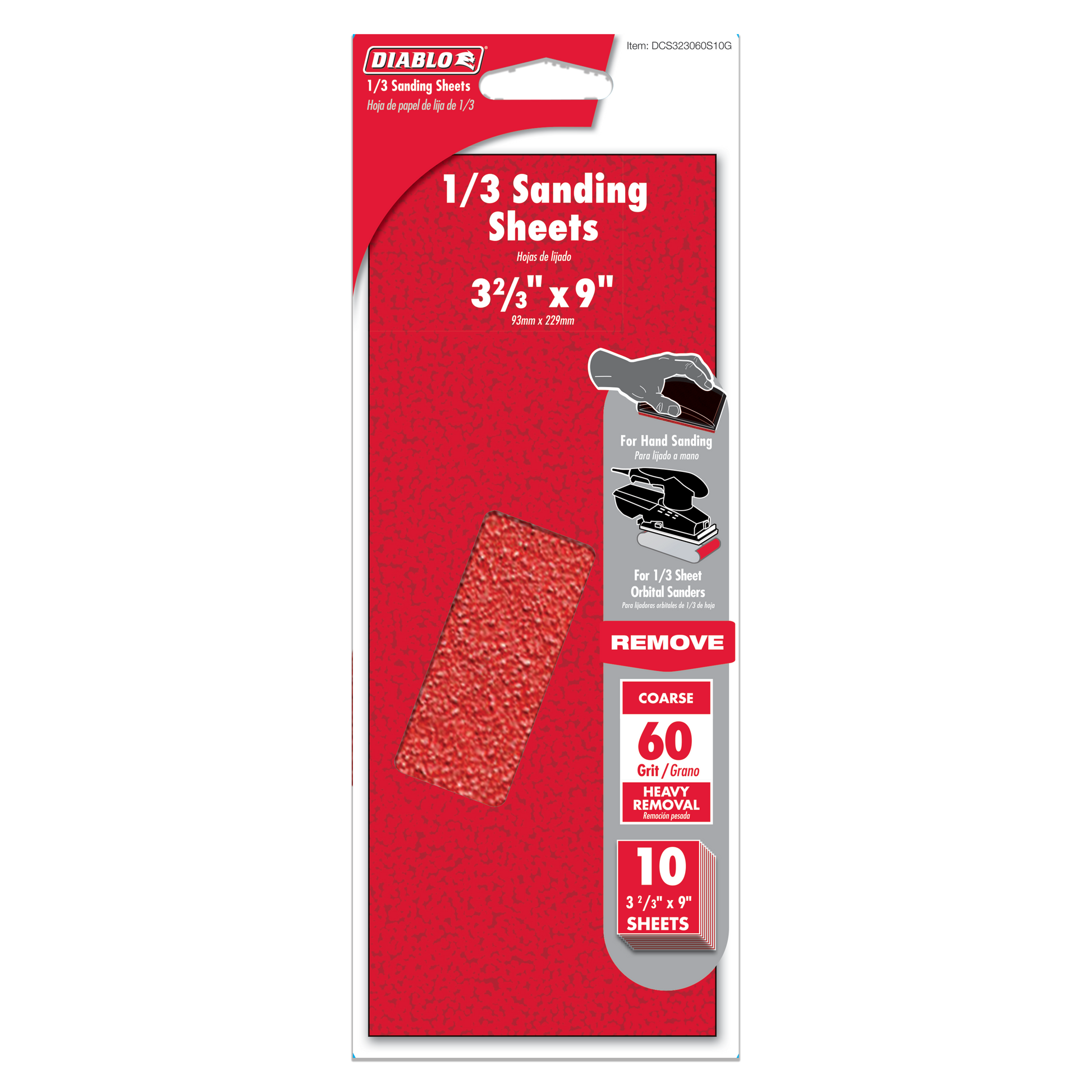 Diablo 1/3 sanding sheets package with red coated abrasive sheets and product specifications displayed on red packaging.