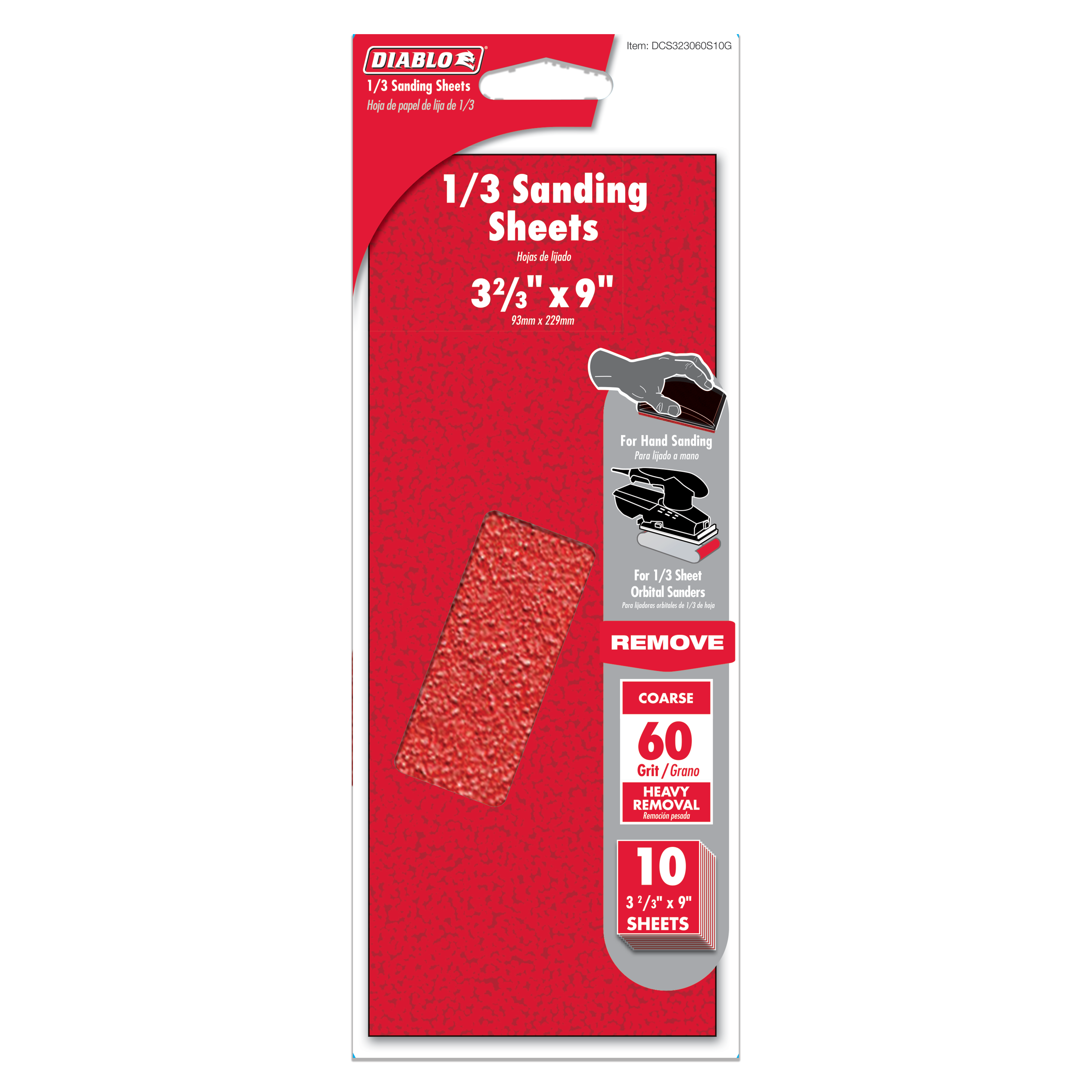 Diablo 1/3 sanding sheets package with red coated abrasive sheets and product specifications displayed on red packaging.