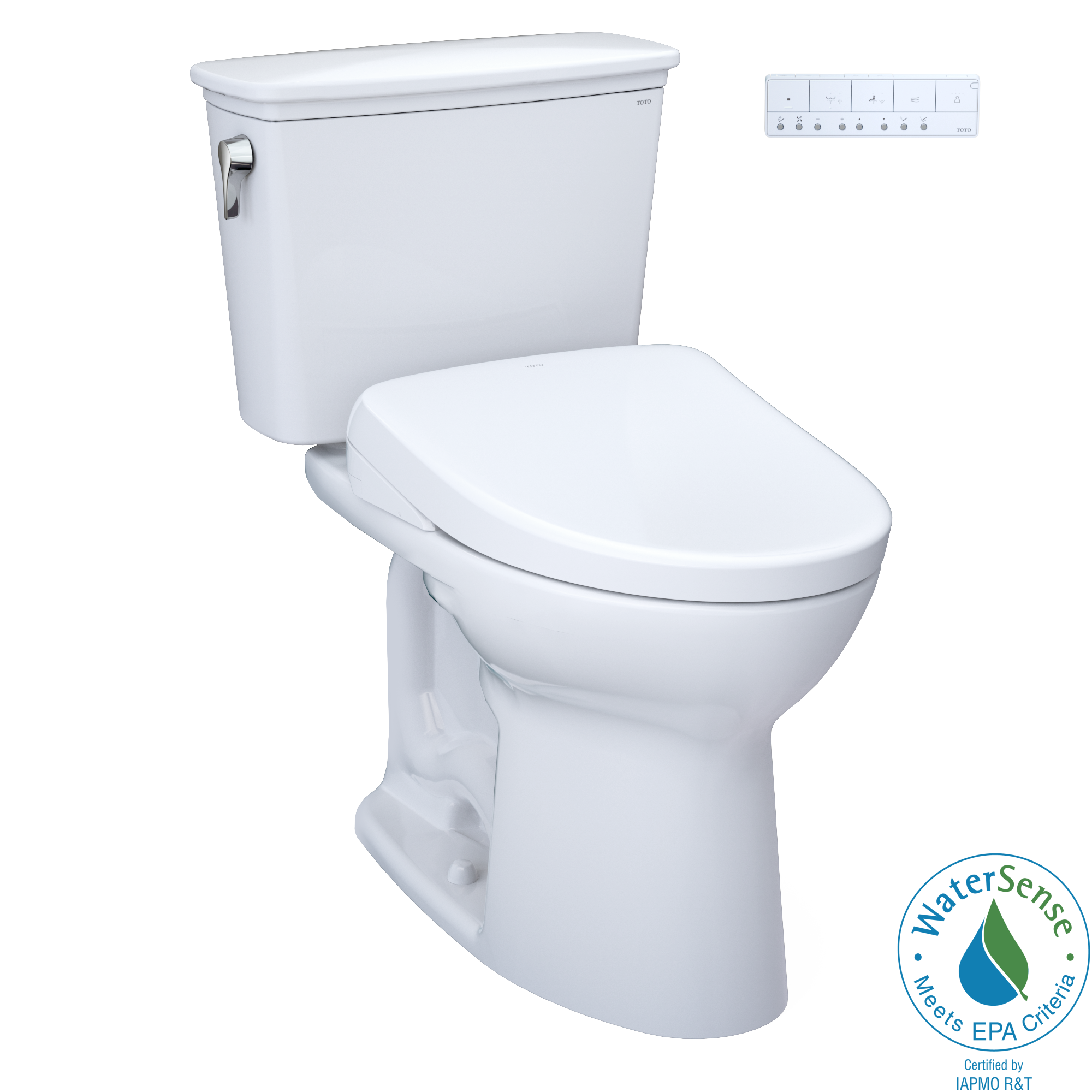 Toto Drake Two Piece Elongated Transitional Tornado Flush Universal Height Toilet with CEFIONTECT 1.28 GPF with Contemporary Washlet+ Auto Flush S7 Bidet Seat in Cotton White