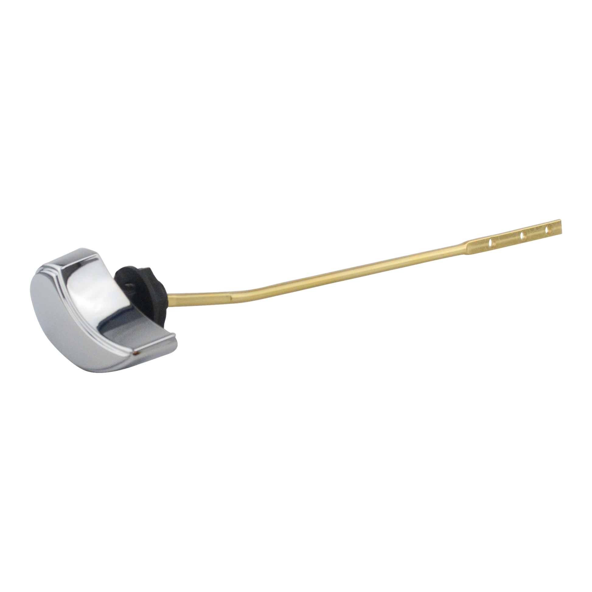 Polished chrome toilet trip lever with brass-colored rod and black rubber seal component.