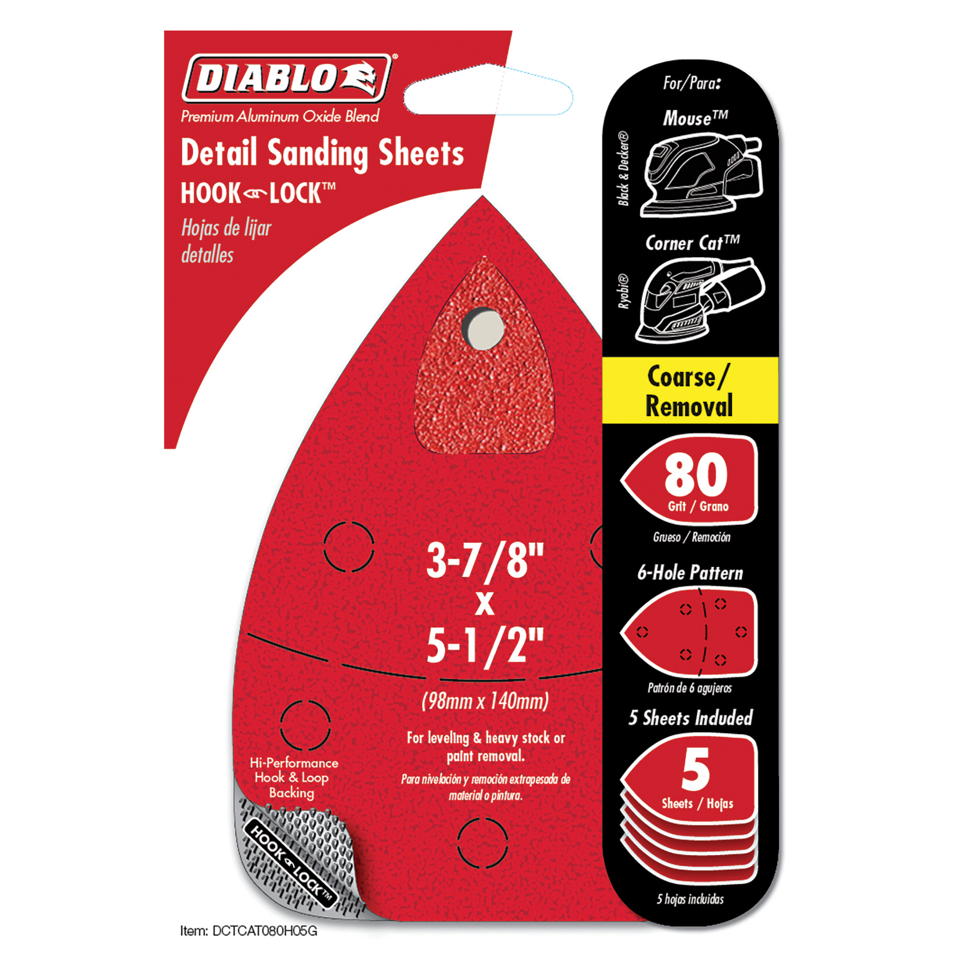 Five red Diablo detail sanding sheets with hook and lock backing, 80 grit, 3-7/8 by 5-1/2 inches with six-hole pattern.