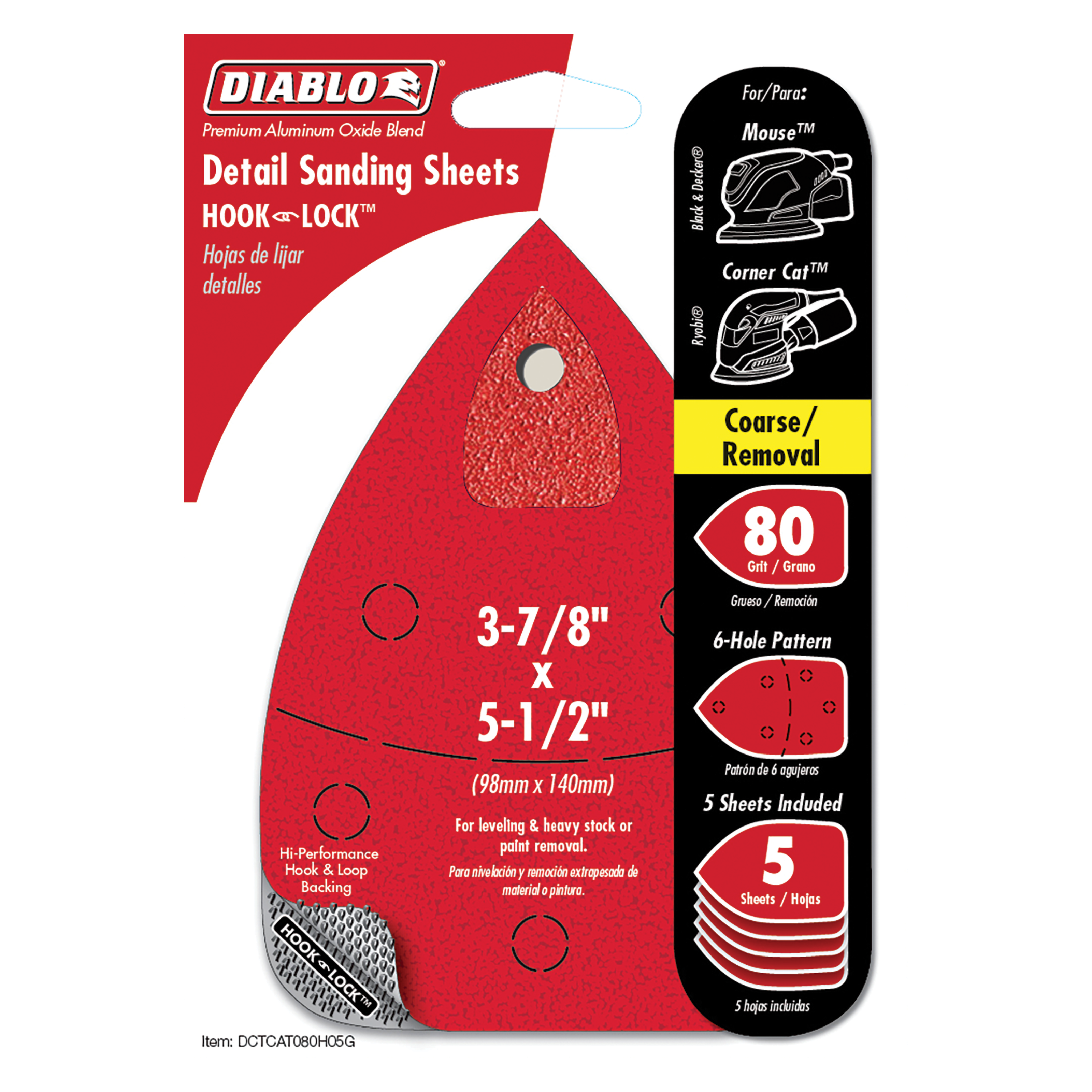 Five red Diablo detail sanding sheets with hook and lock backing, 80 grit, 3-7/8 by 5-1/2 inches with six-hole pattern.