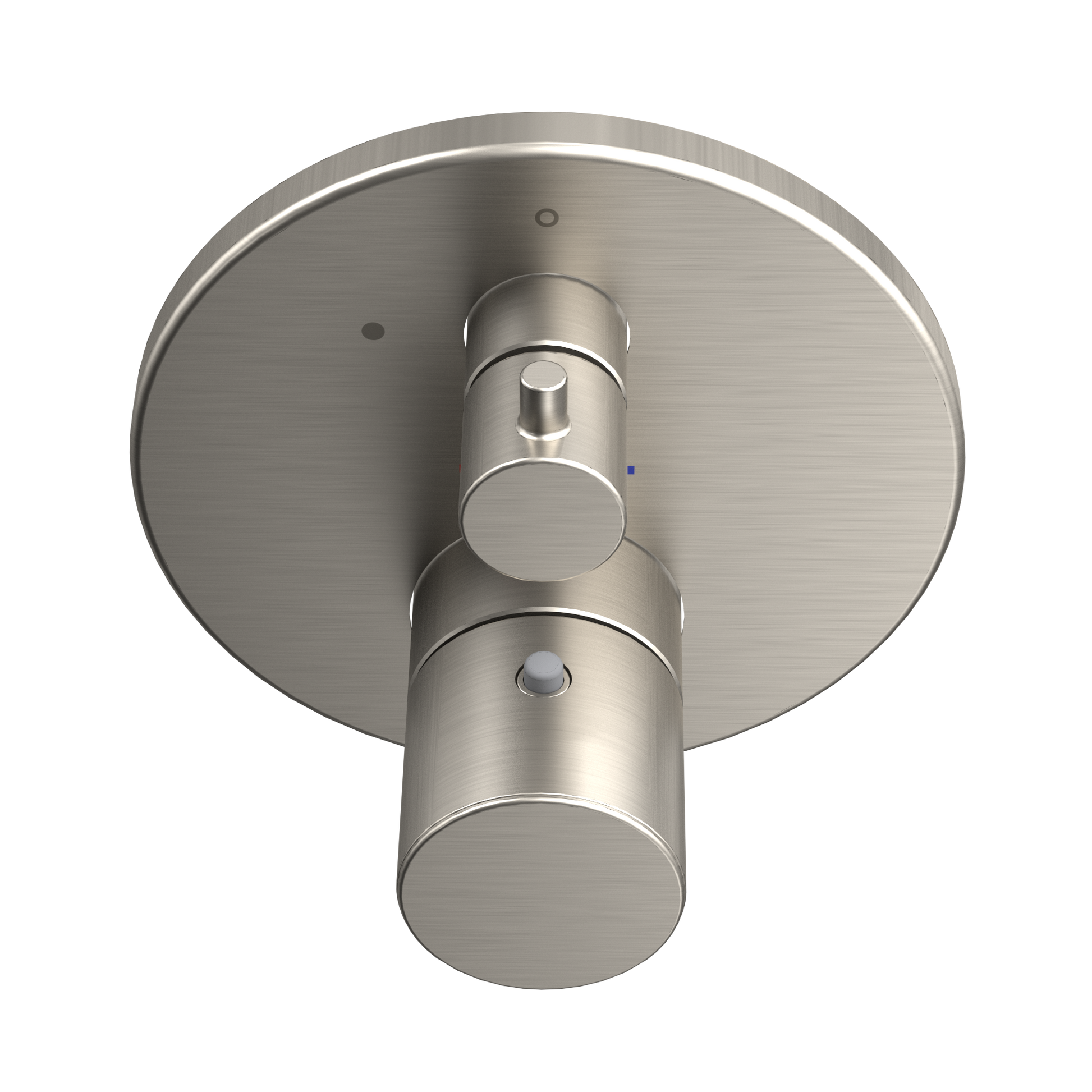 Brushed nickel round shower trim with cylindrical valve body and control handles mounted on circular backplate.