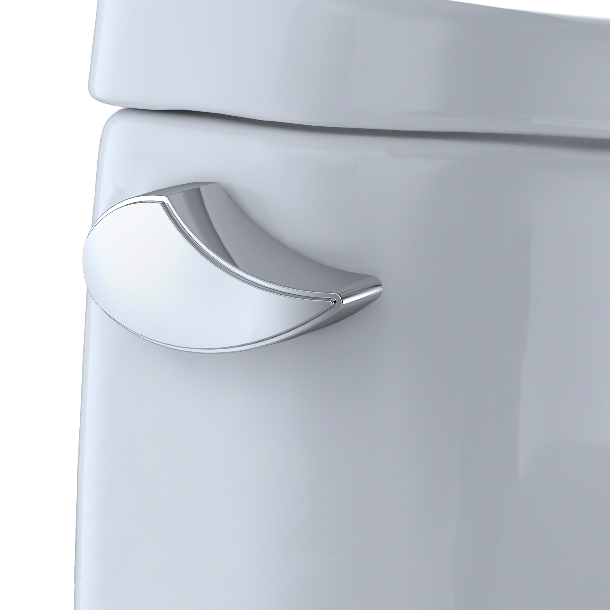 White elongated one-piece toilet with chrome lever handle and soft-close seat.
