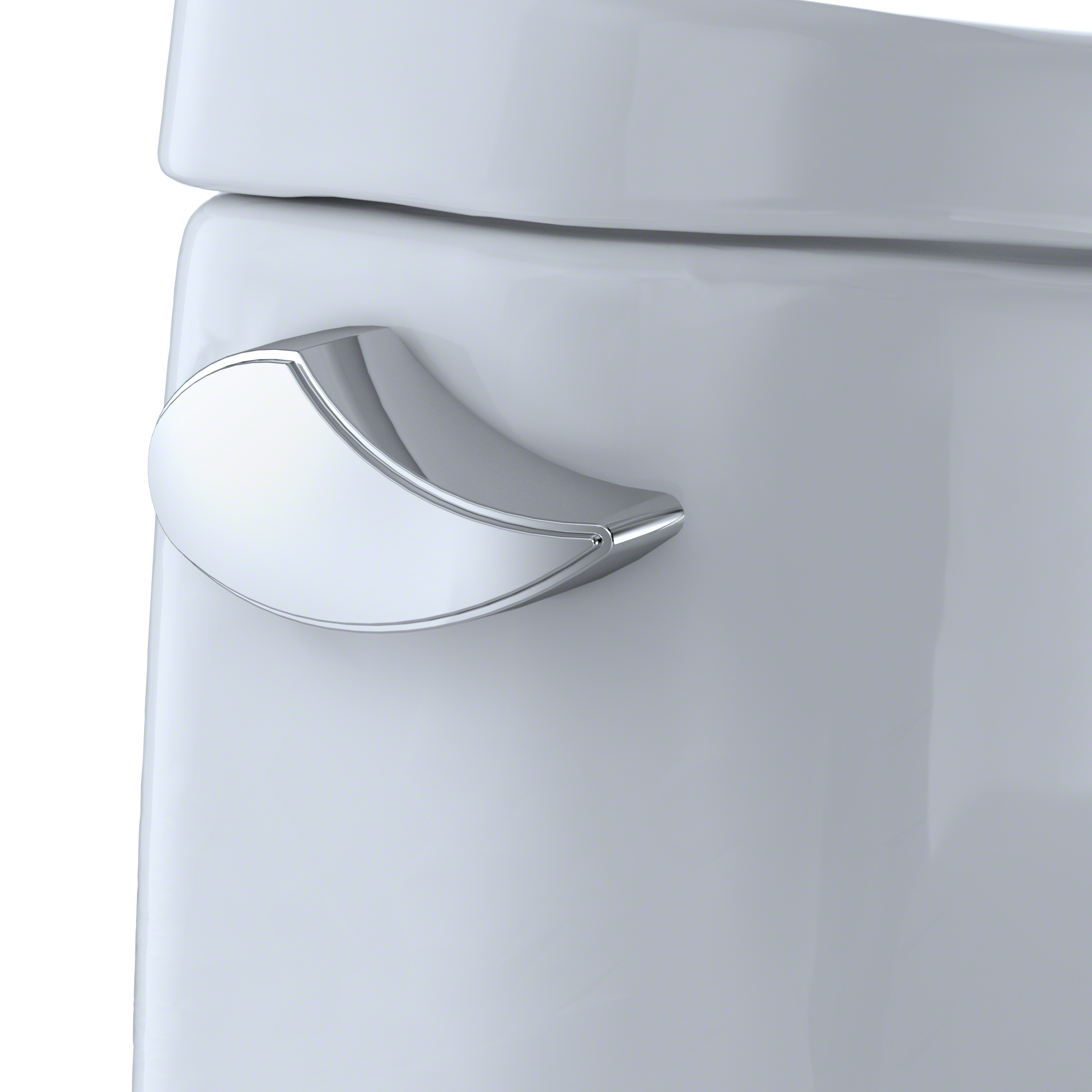 White elongated one-piece toilet with chrome lever handle and soft-close seat.