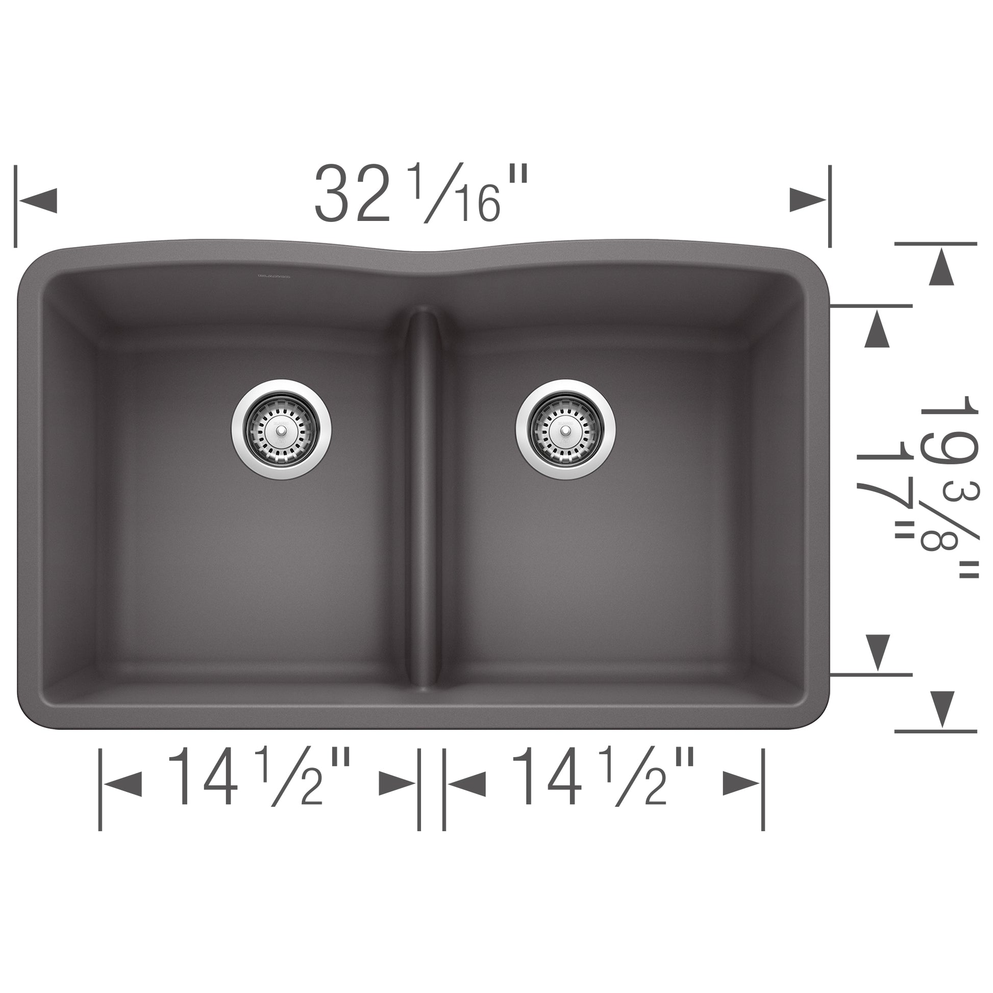 Cinder-colored double equal bowl undermount sink with low divide, chrome strainers, and dimensions labeled.