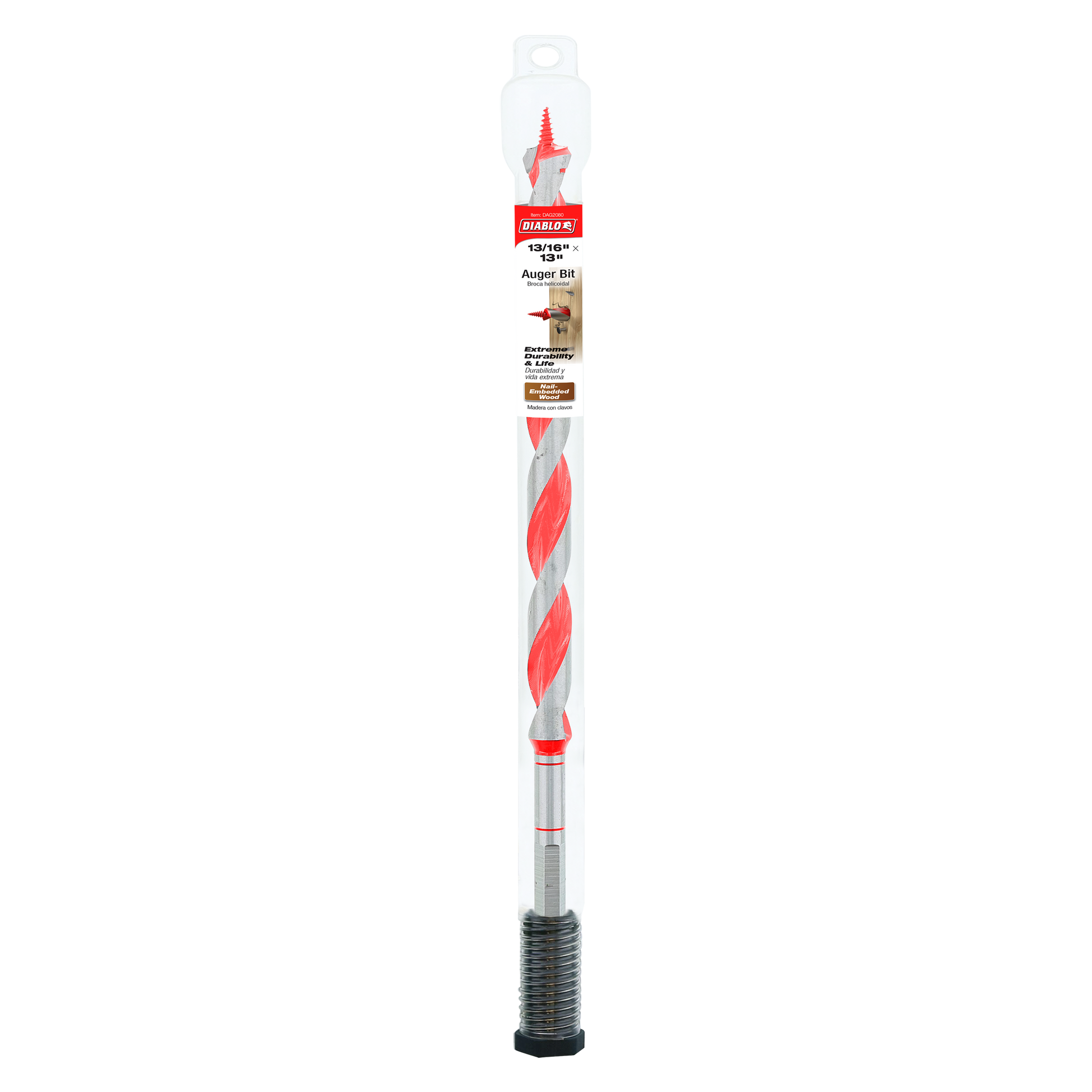Diablo auger bit with red and gray twisted flutes, threaded black base, and clear plastic packaging with red branding label.