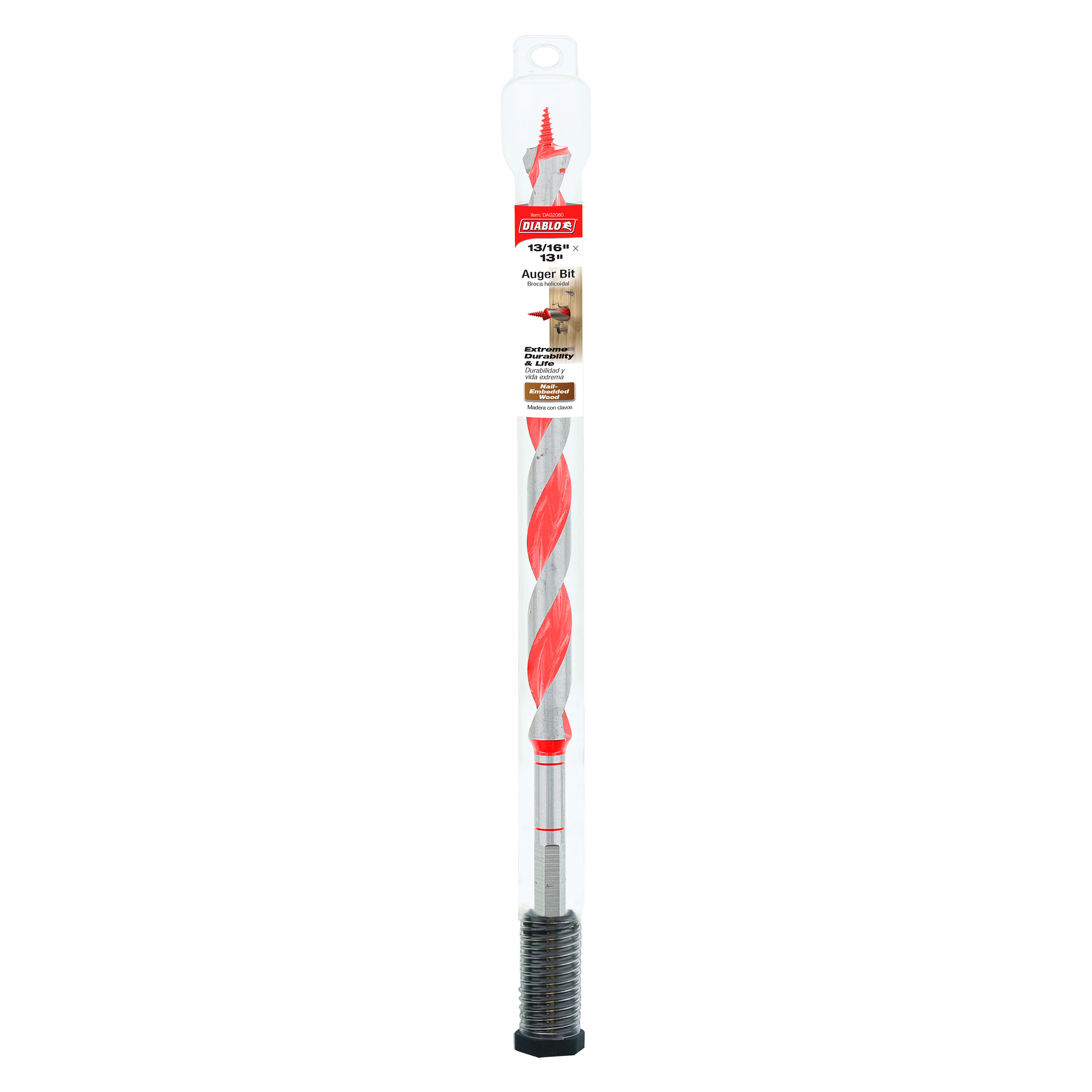 Diablo auger bit with red and gray twisted flutes, threaded black base, and clear plastic packaging with red branding label.