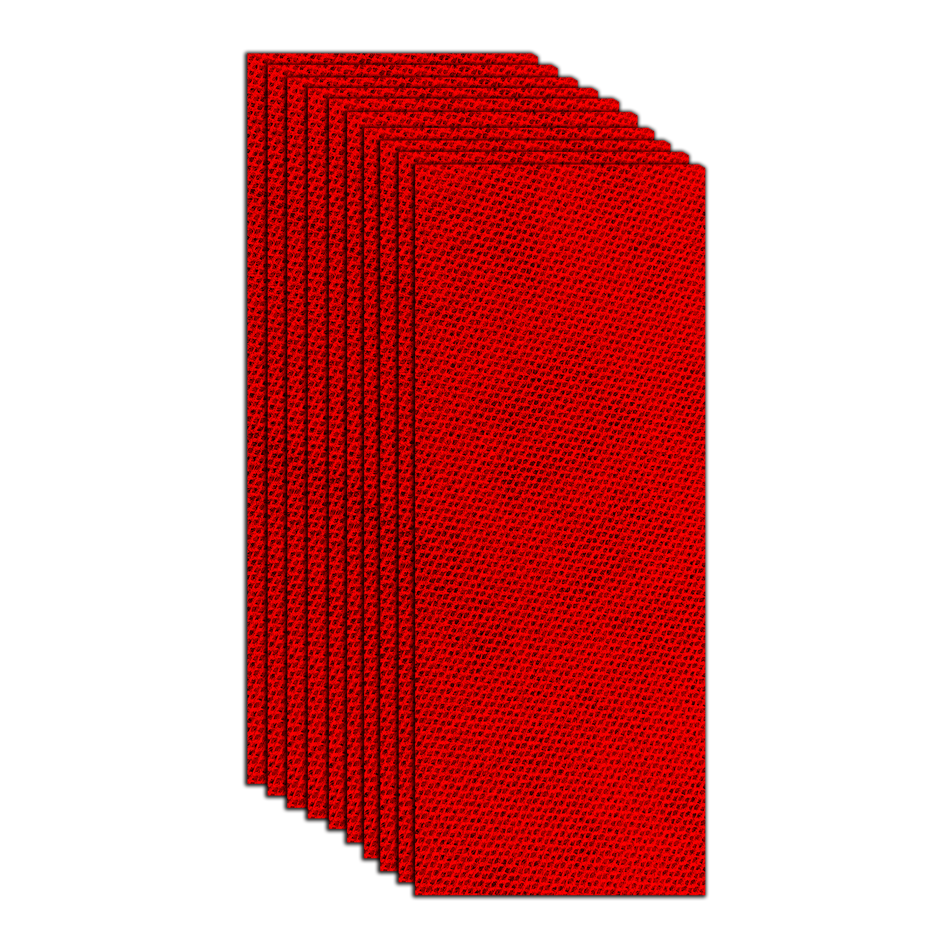 Stack of red rectangular sanding sheets with textured abrasive surface, fanned arrangement.