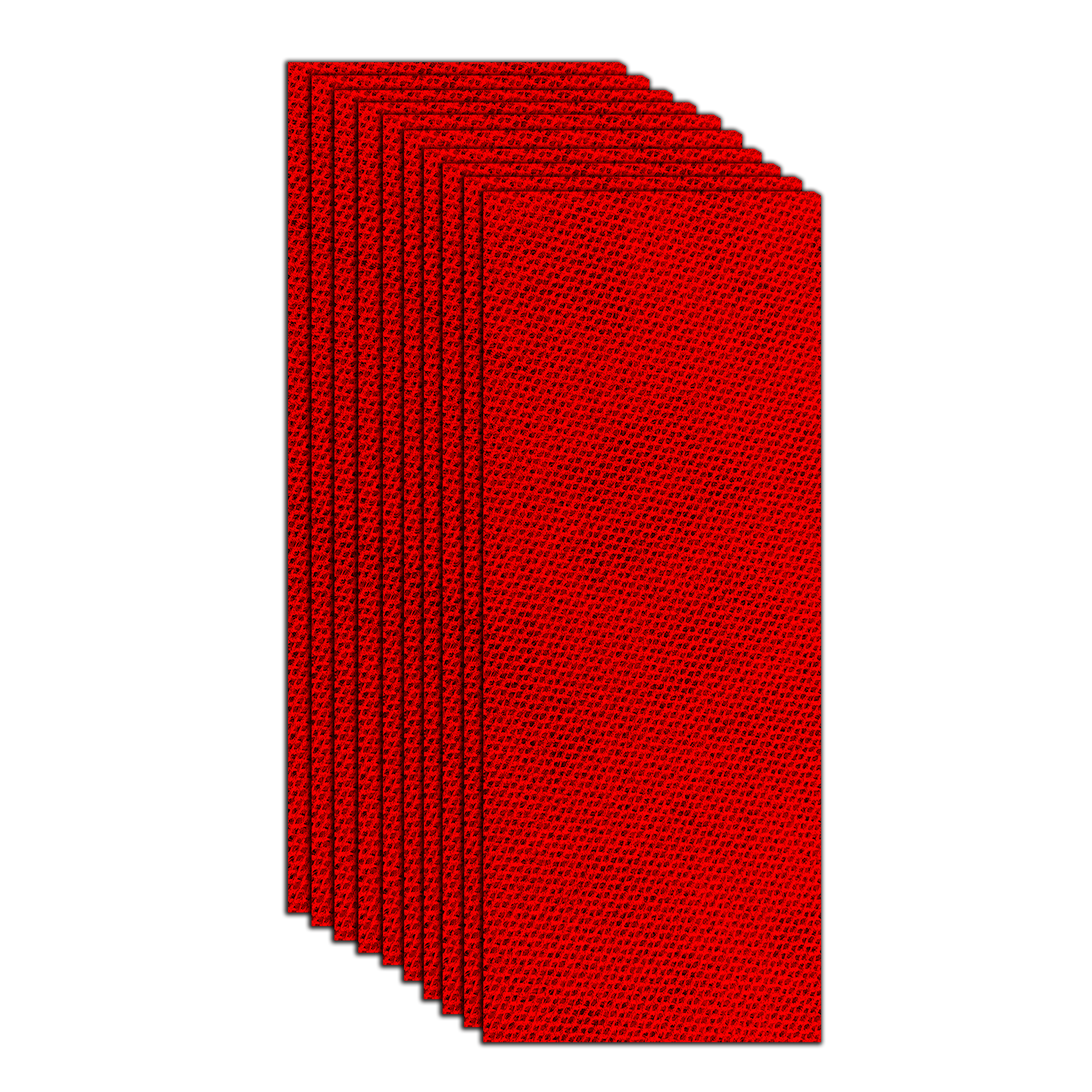 Ten red rectangular sanding sheets fanned in a stack, showing textured abrasive surface.