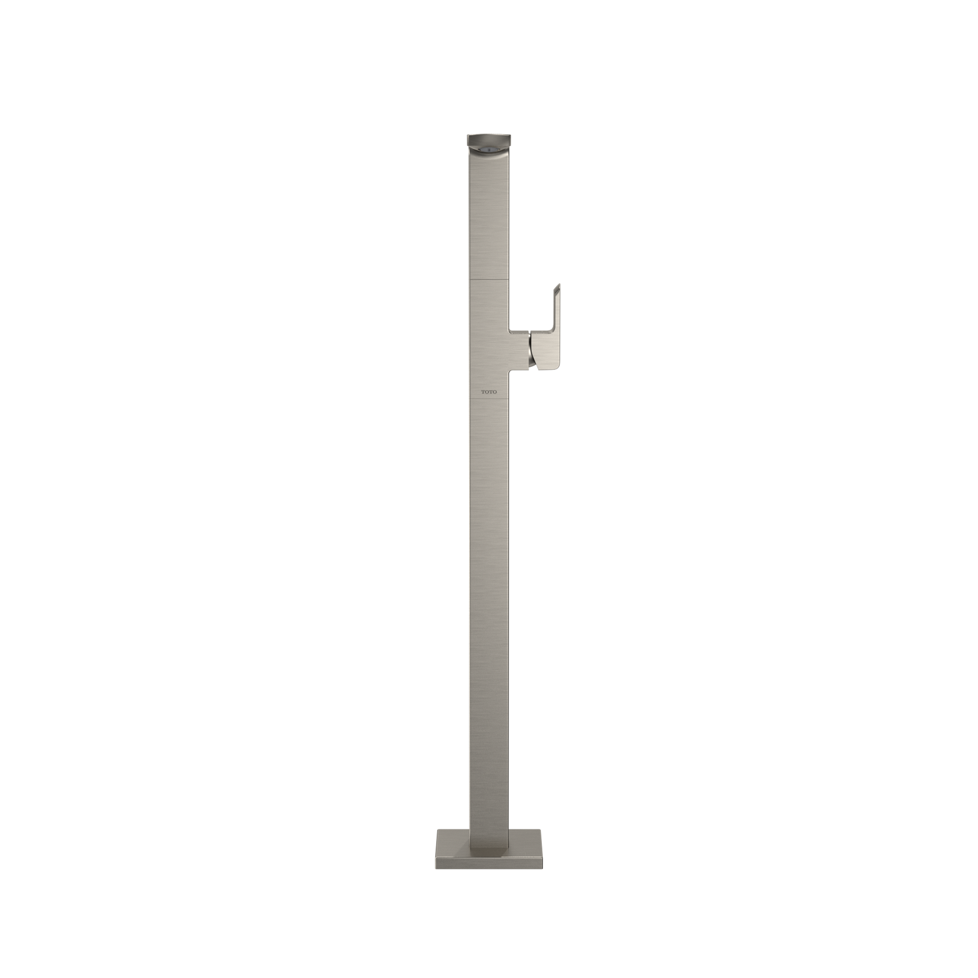 Brushed nickel freestanding tub filler faucet with single handle and detachable handshower on square base.