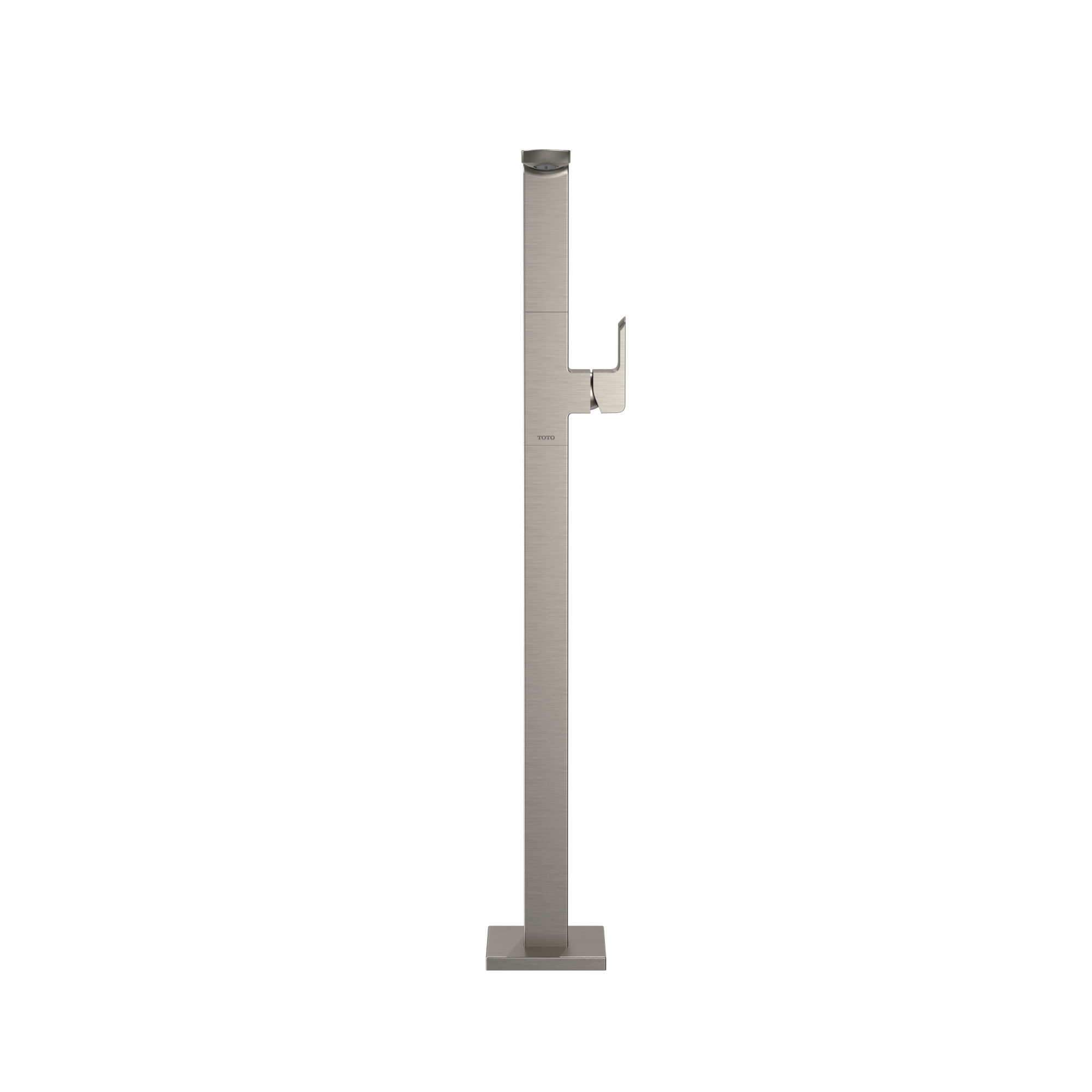 Brushed nickel freestanding tub filler faucet with single handle and detachable handshower on square base.