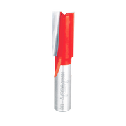 Red and silver straight router bit with two flutes and cylindrical shank marked with product number.