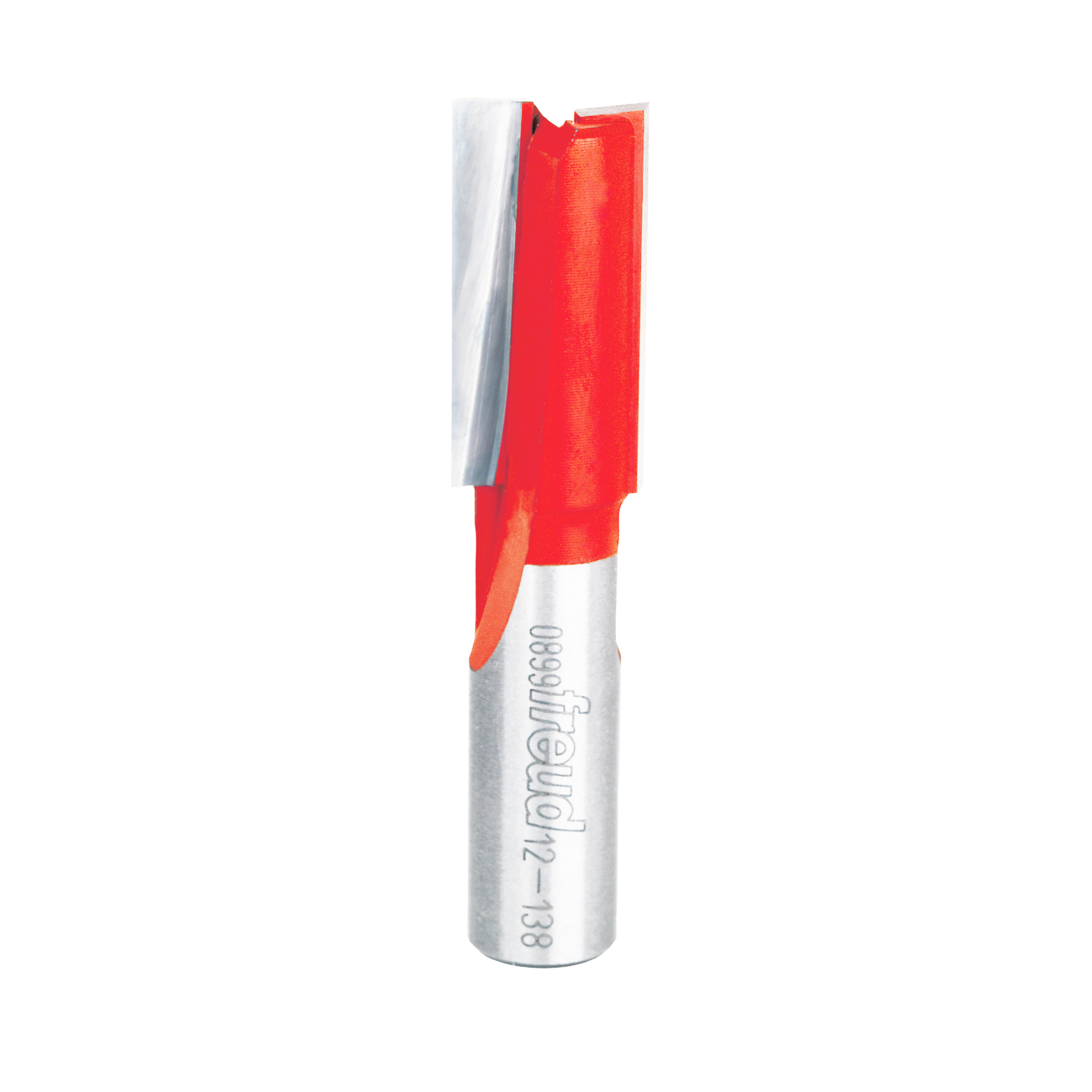 Red and silver straight router bit with two flutes and cylindrical shank marked with product number.