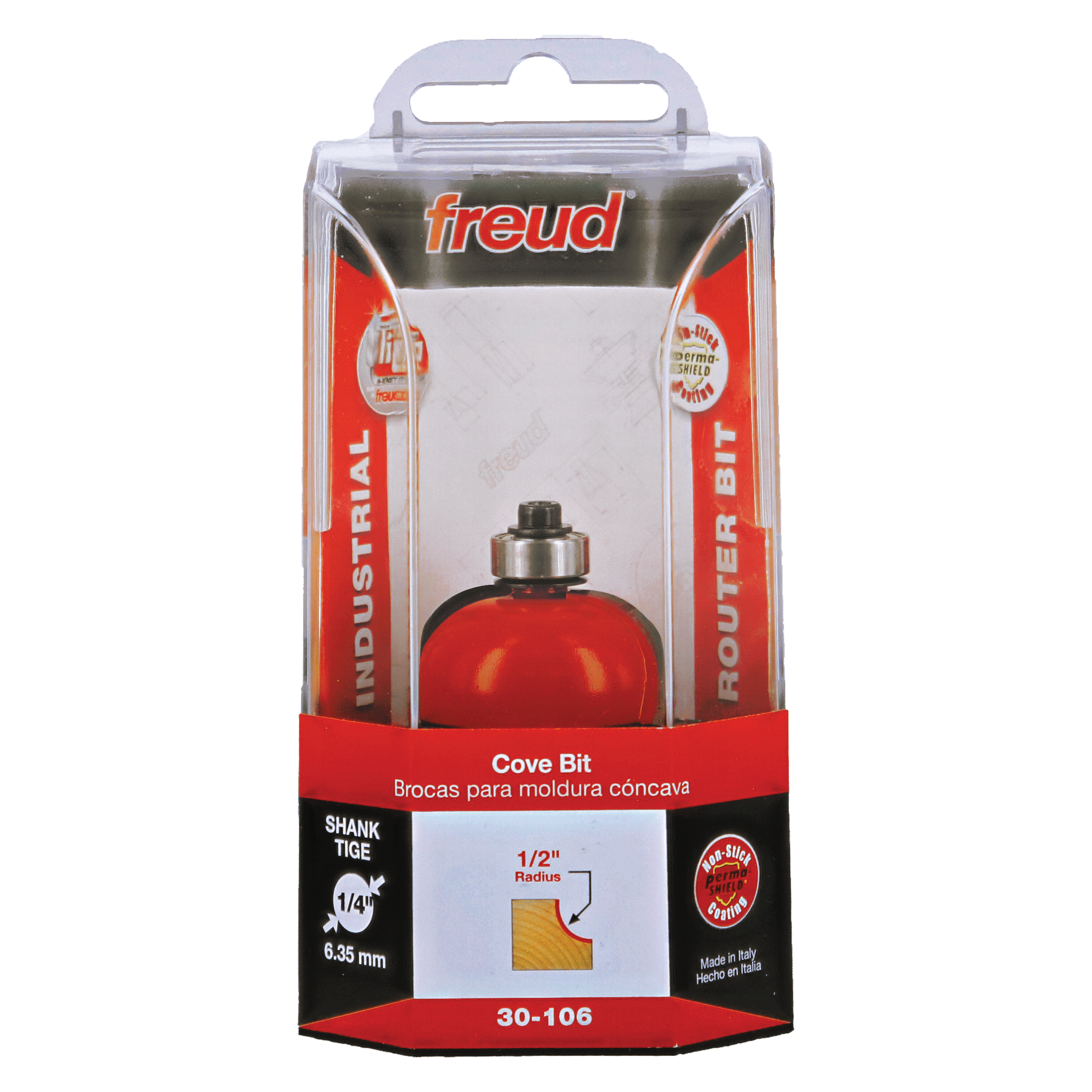 Freud 30-106 cove bit with red body, 1/2" radius, 1/4" shank, in clear plastic clamshell packaging.