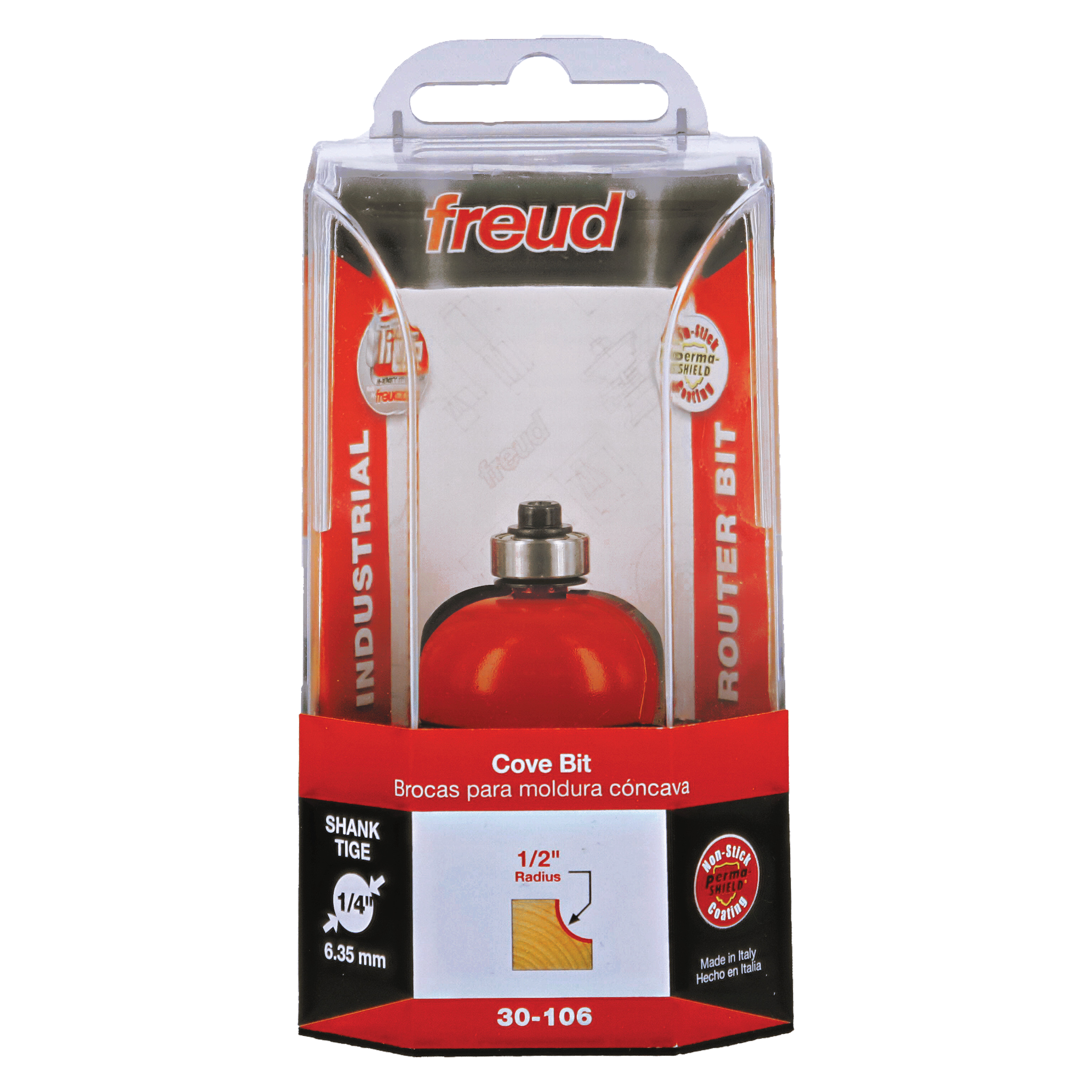 Freud 30-106 cove bit with red body, 1/2" radius, 1/4" shank, in clear plastic clamshell packaging.