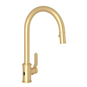 Satin gold pull-down kitchen faucet with high arc spout and single lever handle.