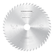 Freud 220mm circular saw blade with multiple teeth around perimeter, center hole, and scoring grooves marked on face.