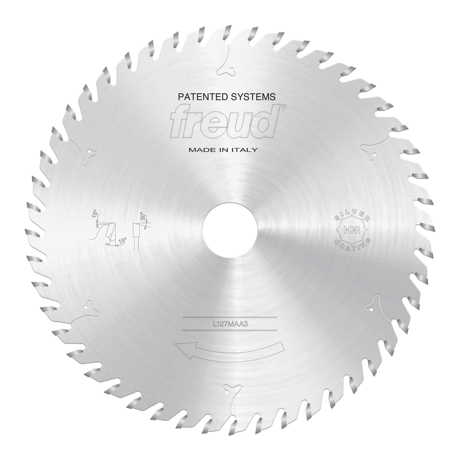 Freud 220mm circular saw blade with multiple teeth around perimeter, center hole, and scoring grooves marked on face.