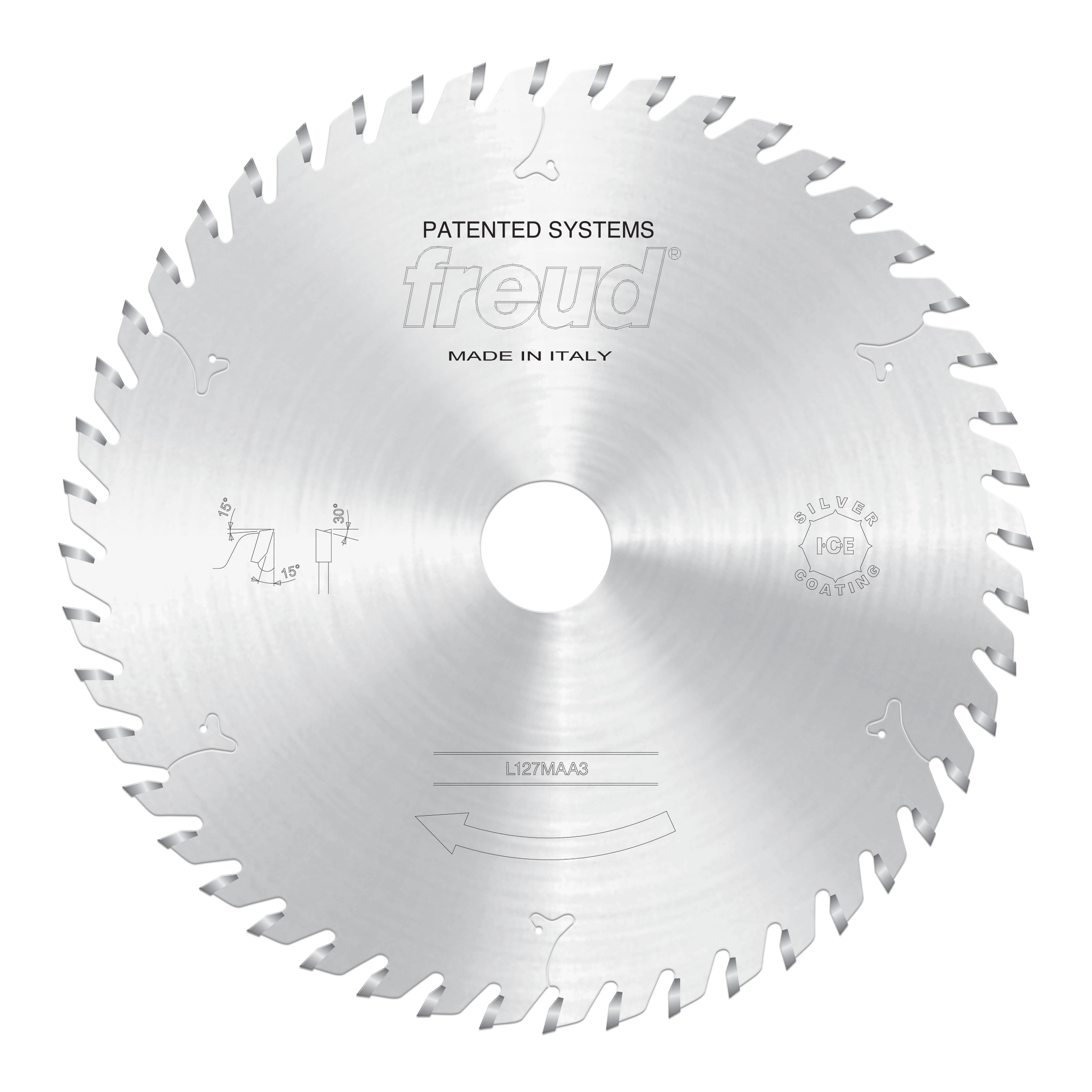 Freud 220mm circular saw blade with multiple teeth around perimeter, center hole, and scoring grooves marked on face.