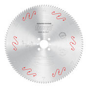 Freud 350mm circular saw blade with multiple red cutting teeth and center mounting holes for aluminum and non-ferrous materia