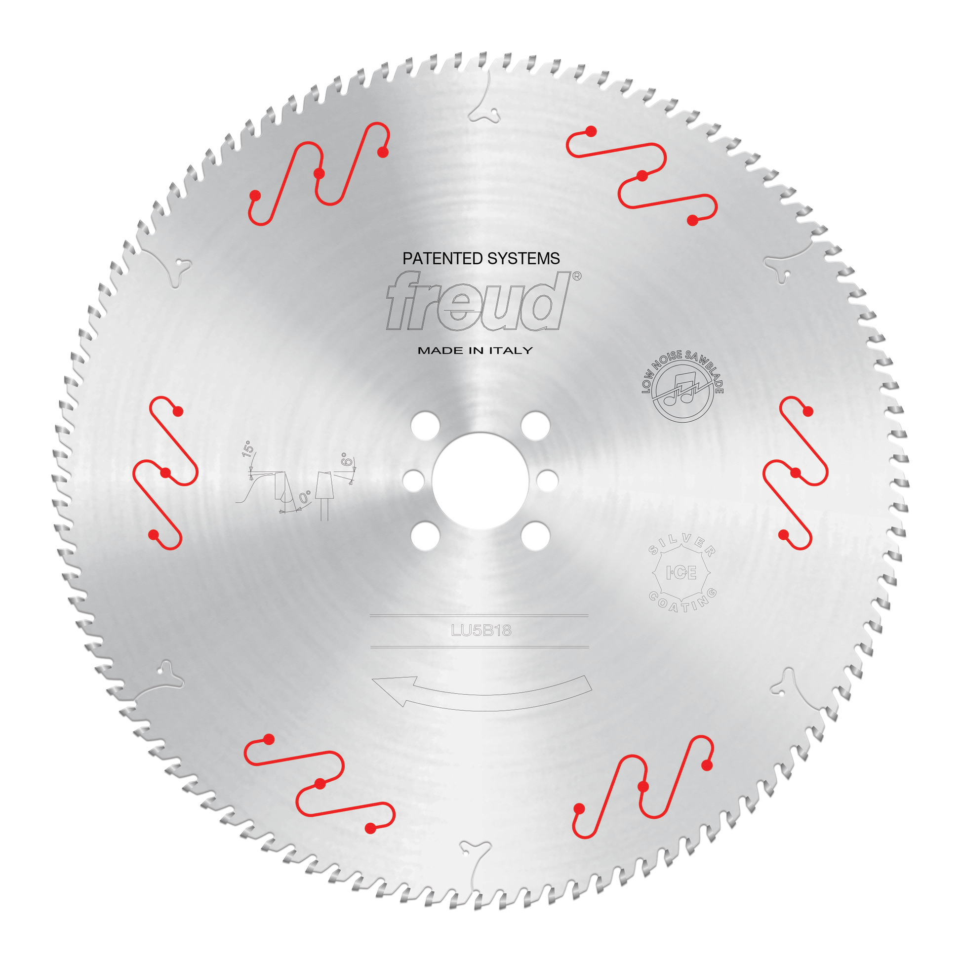 Freud 350mm circular saw blade with multiple red cutting teeth and center mounting holes for aluminum and non-ferrous materia
