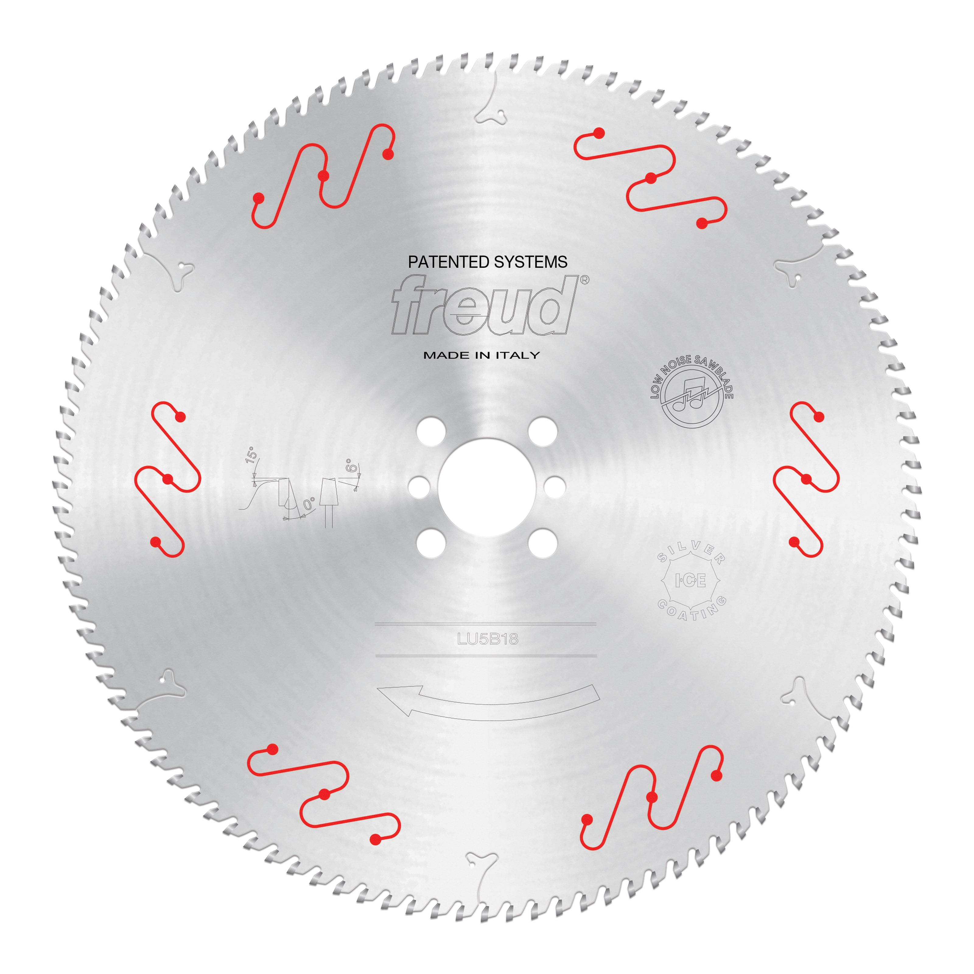 Freud 350mm circular saw blade with multiple red cutting teeth and center mounting holes for aluminum and non-ferrous materia