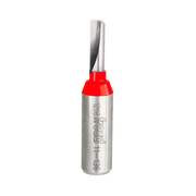 Freud 1/4" diameter single flute straight router bit with metallic silver body and red plastic shank collar.