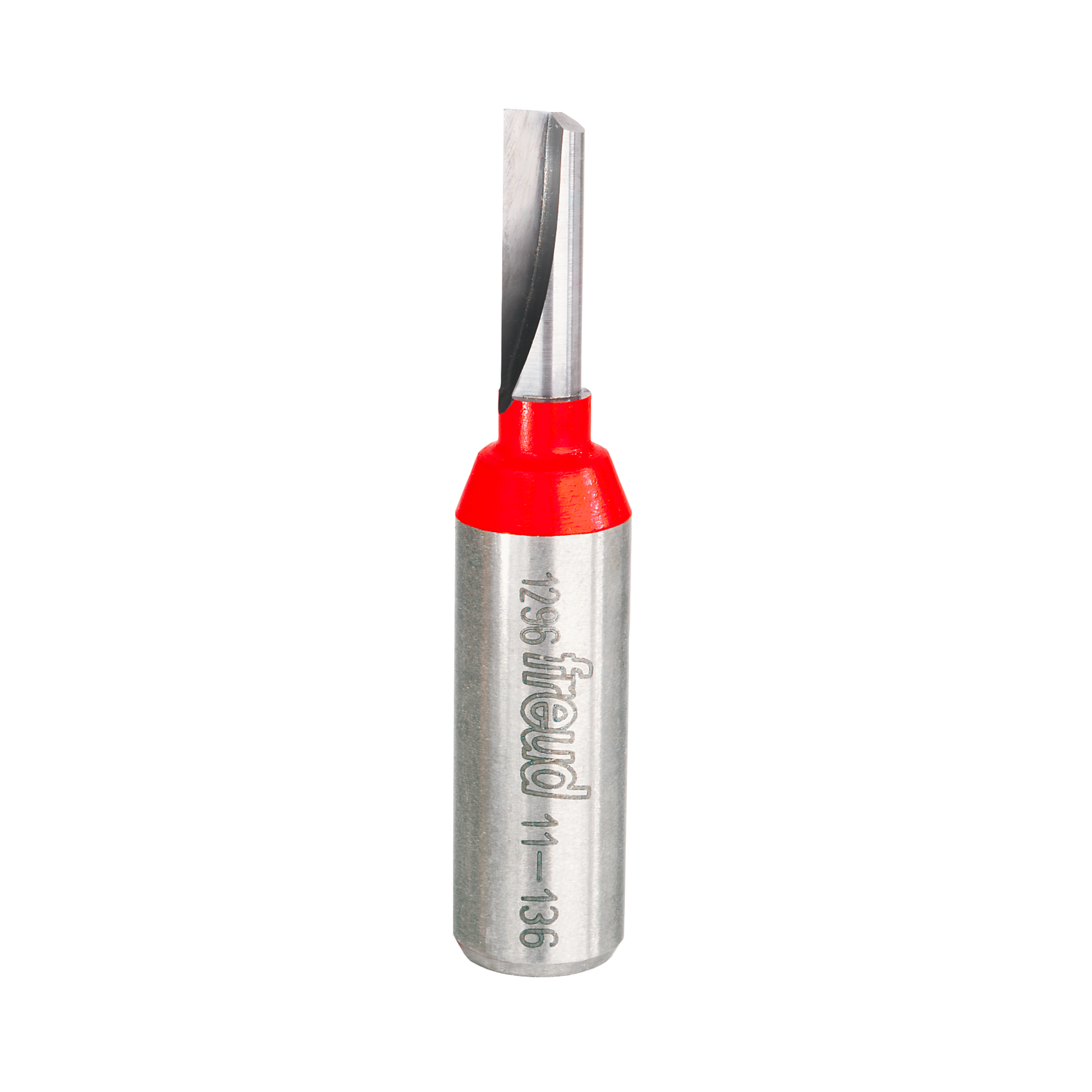 Freud 1/4" diameter single flute straight router bit with metallic silver body and red plastic shank collar.