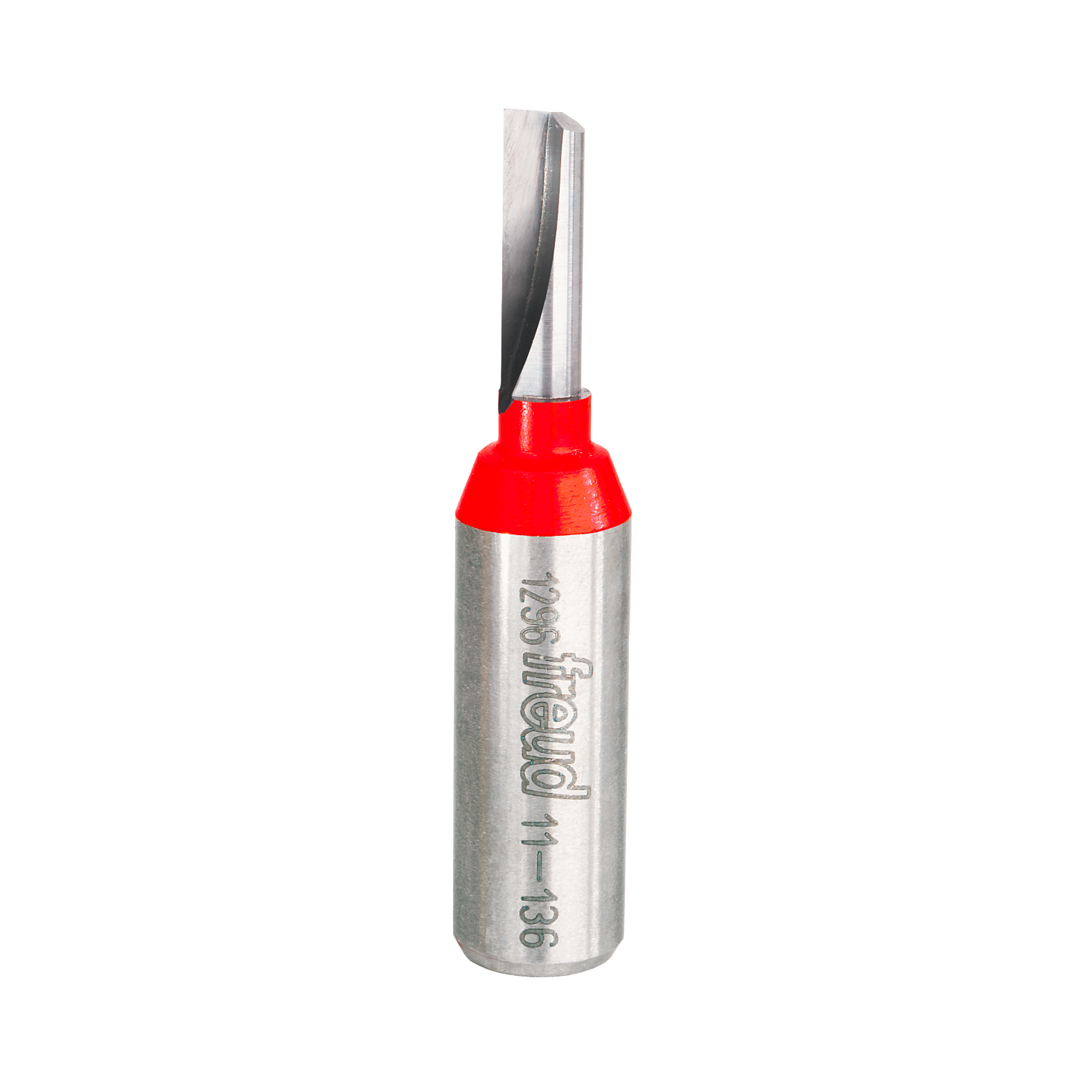 Freud 1/4" diameter single flute straight router bit with metallic silver body and red plastic shank collar.