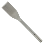 Gray metal SDS-Max tile chisel with flat, wide blade and cylindrical shank on white background.