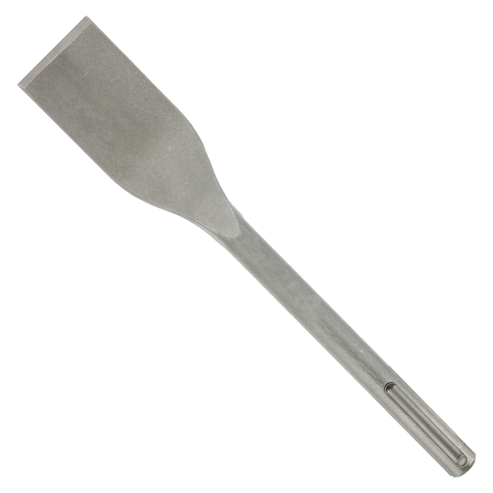 Gray metal SDS-Max tile chisel with flat, wide blade and cylindrical shank on white background.