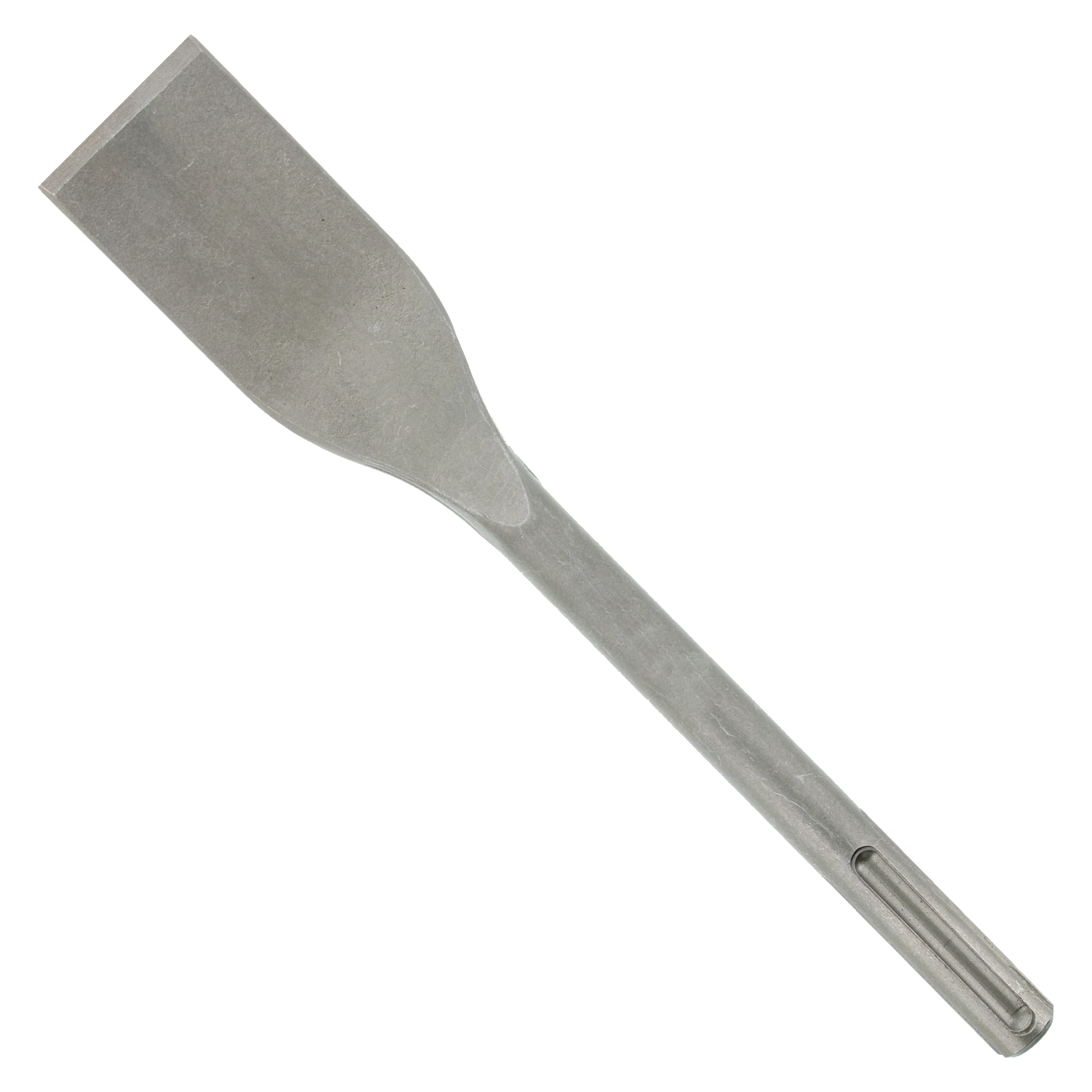 Gray metal SDS-Max tile chisel with flat, wide blade and cylindrical shank on white background.