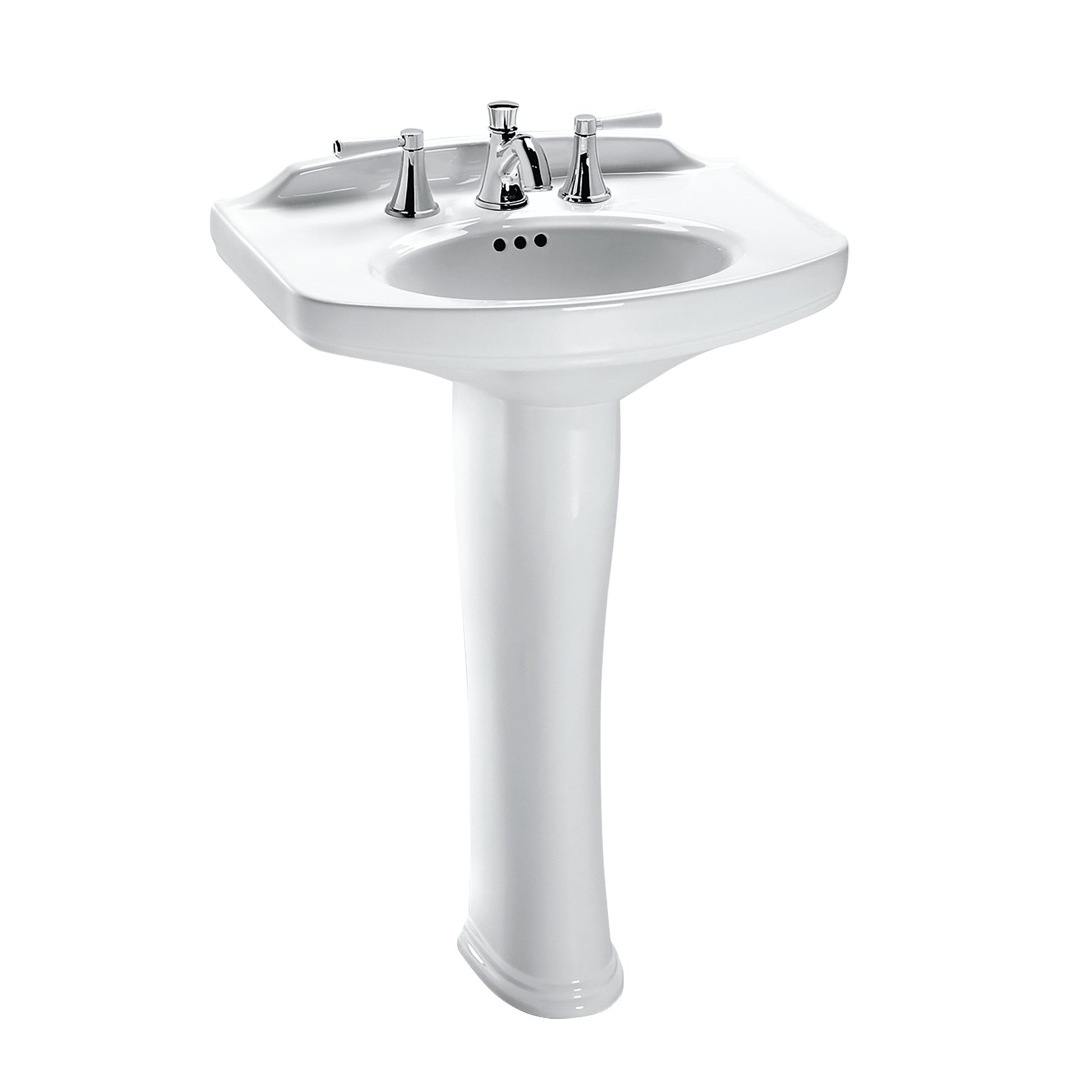 White pedestal sink with oval basin, chrome faucet with lever handles, and decorative shroud.