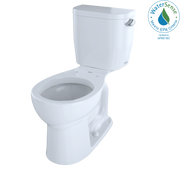 White two-piece round toilet with tank, right-hand lever, and open bowl shown without seat.