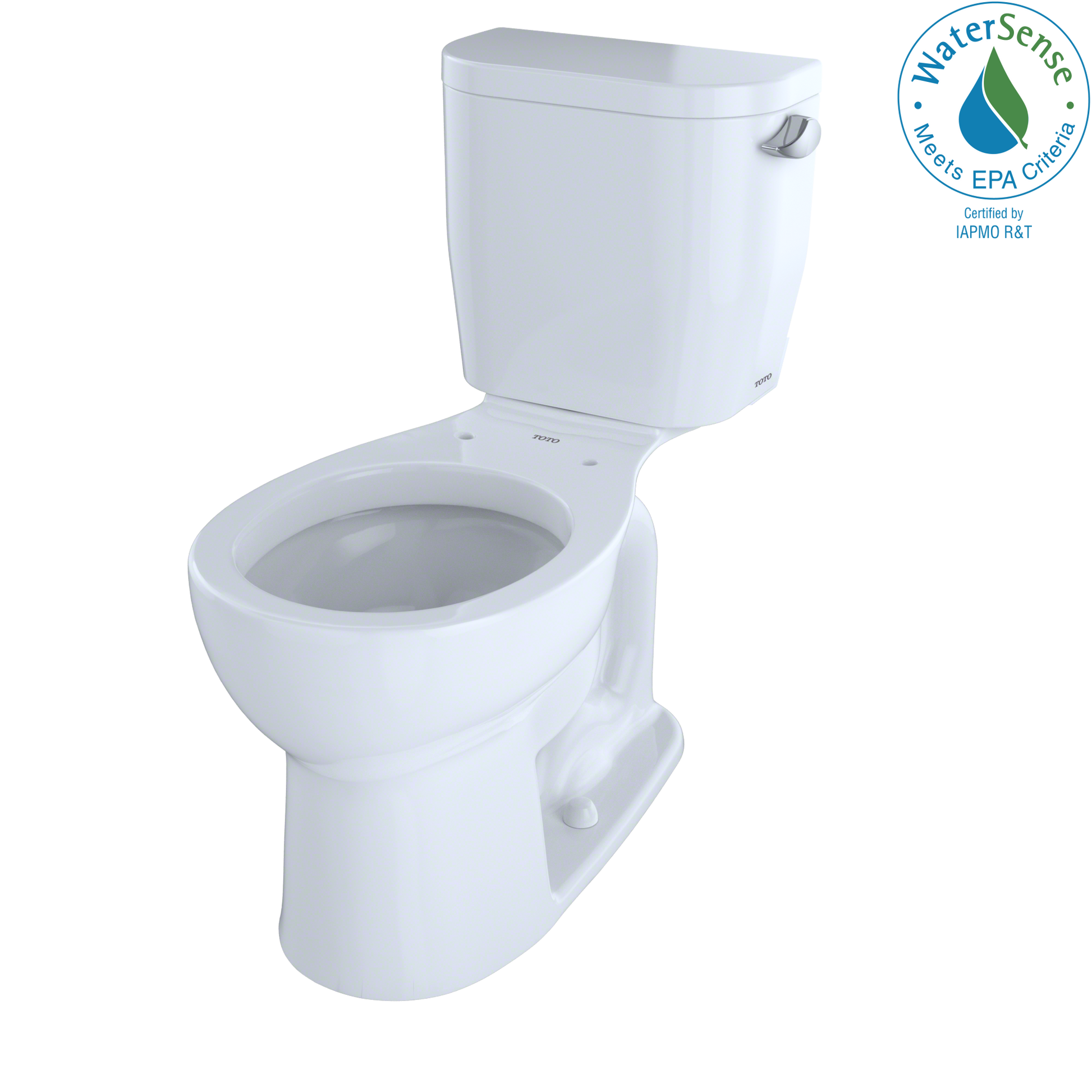 White two-piece round toilet with tank, right-hand lever, and open bowl shown without seat.