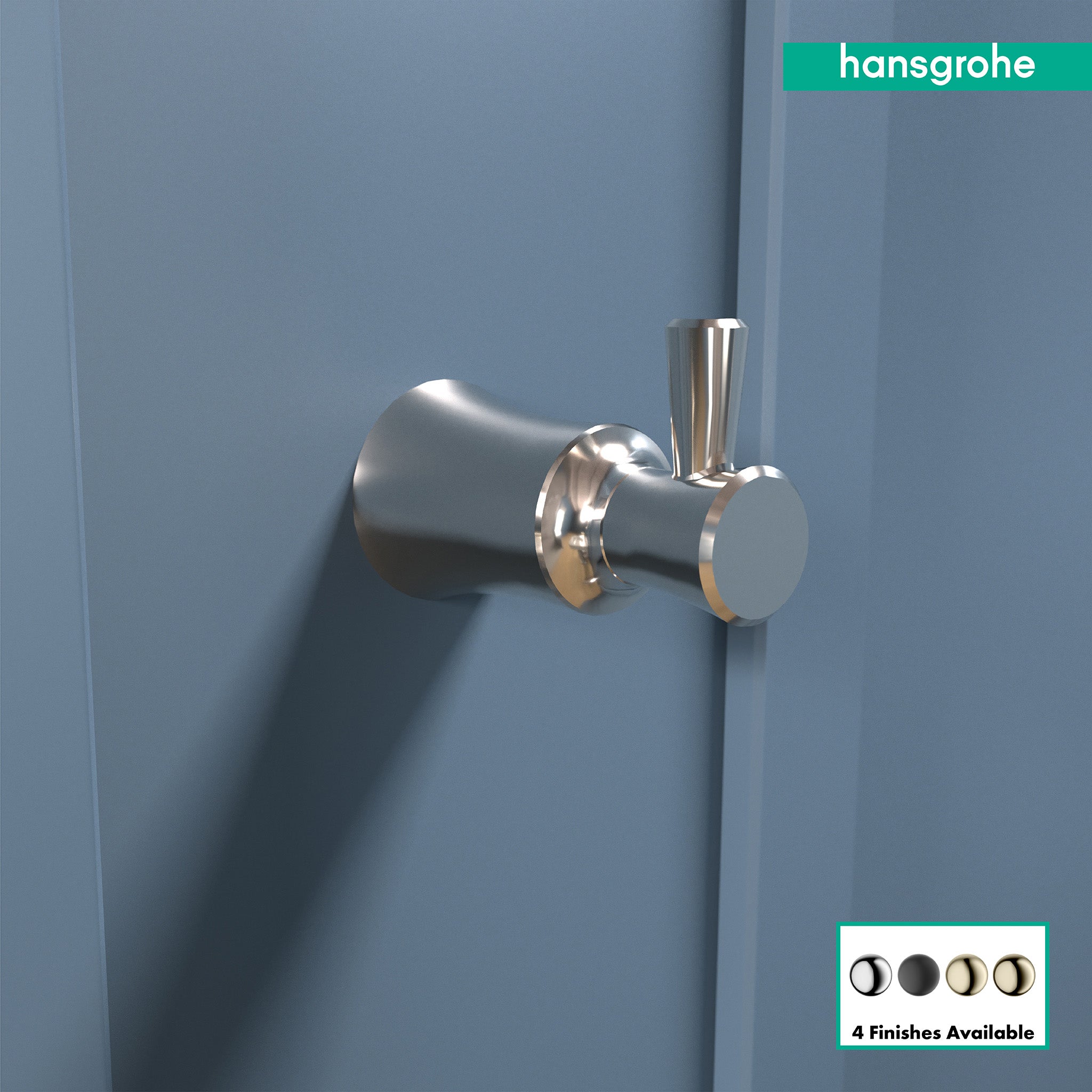 Polished nickel wall-mounted hook with cylindrical body and vertical post, mounted on blue wall.